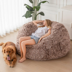 MAXYOYO Giant Bean Bag, Faux Fur Convertible Beanbag Folds from Lazy Chair to Floor Mattress Bed,Coffee