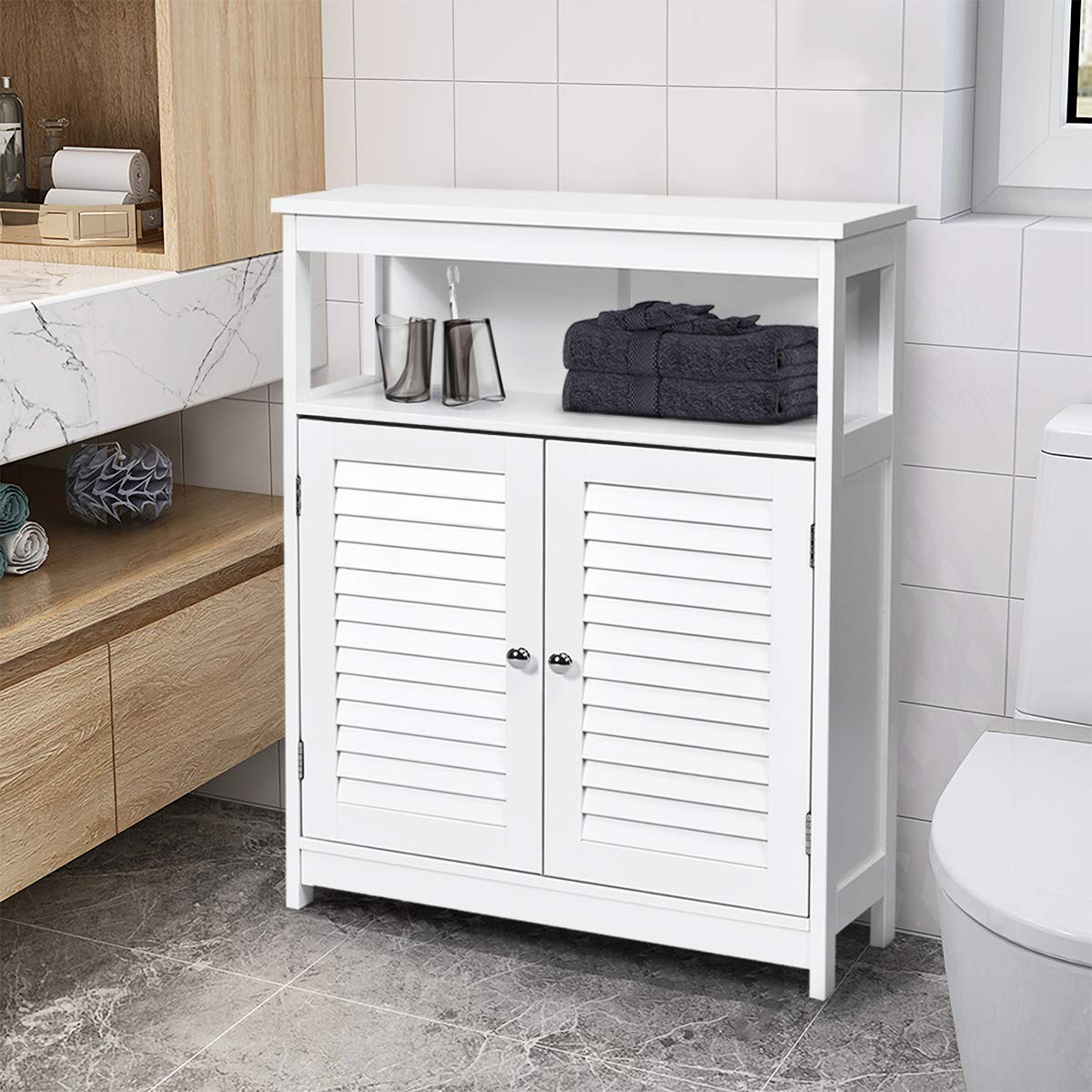 Tangkula Bathroom Floor Cabinet, Wooden Freestanding Storage Cabinet with Double Shutter Door & Adjustable Shelf