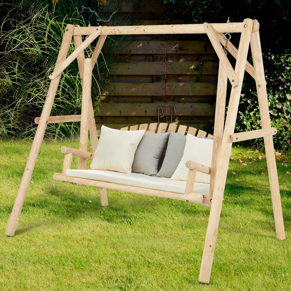 Tangkula Wooden Porch Swing, A-Frame Wood Log Swing Bench Chair