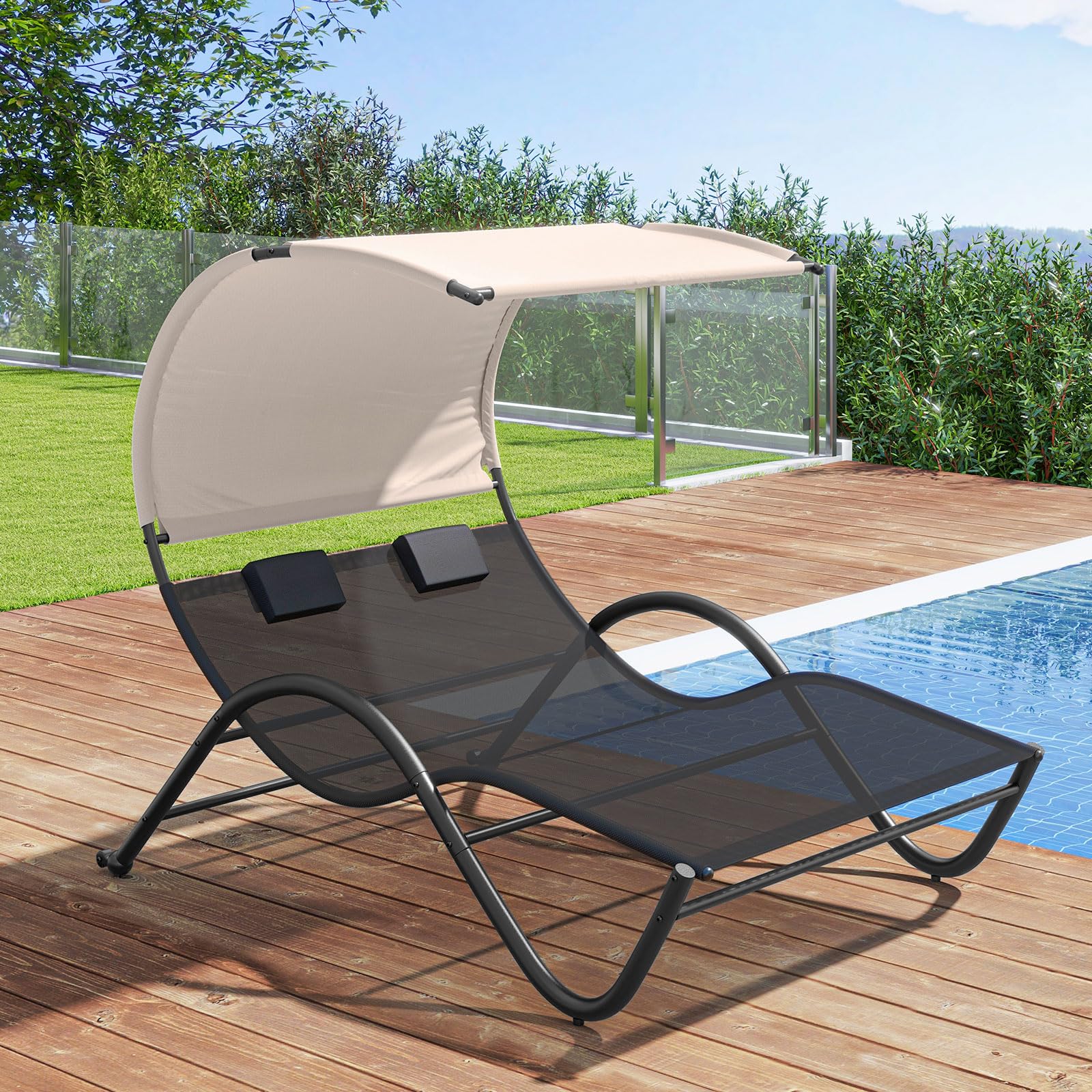 Tangkula 2 Person Lounge Chair with Adjustable Canopy, Outdoor Chaise Lounge with 2 Detachable Pillows