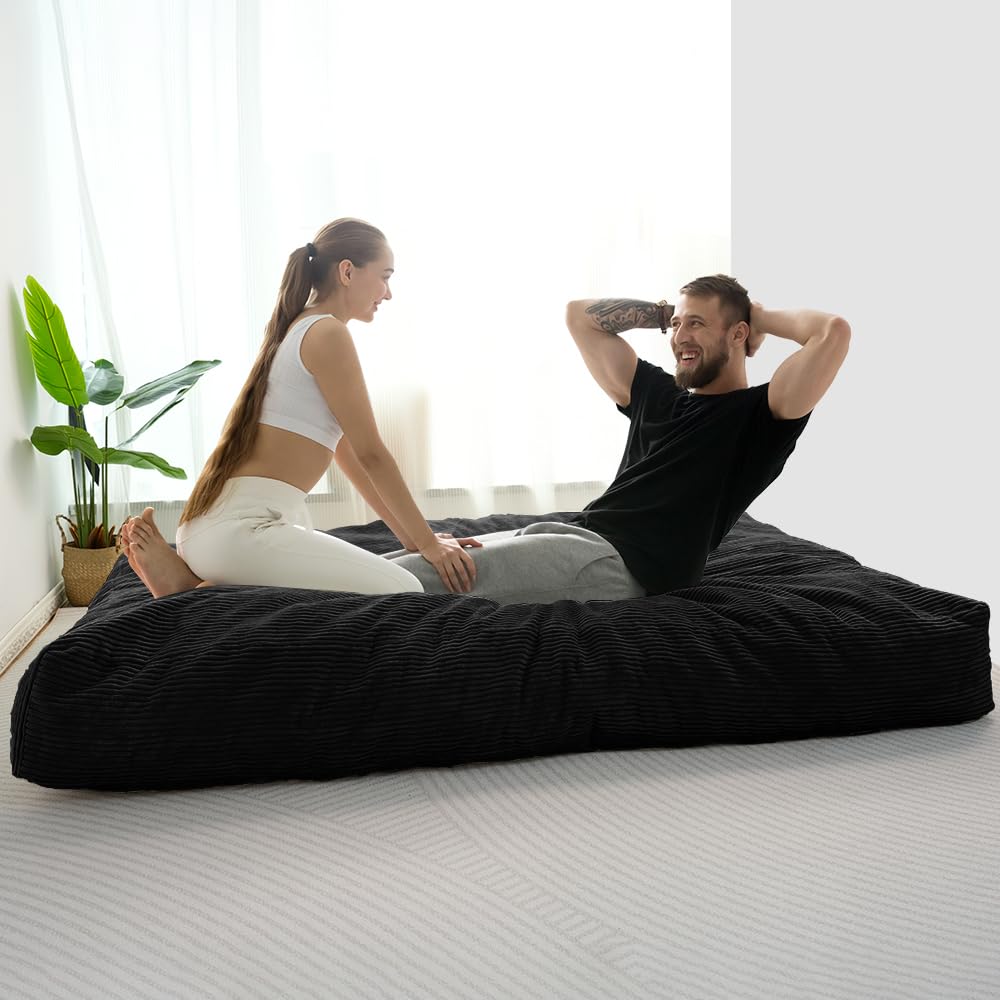 MAXYOYO Giant Bean Bag Chair Bed, Convertible Beanbag Folds from Lazy Chair to Floor Mattress, Black