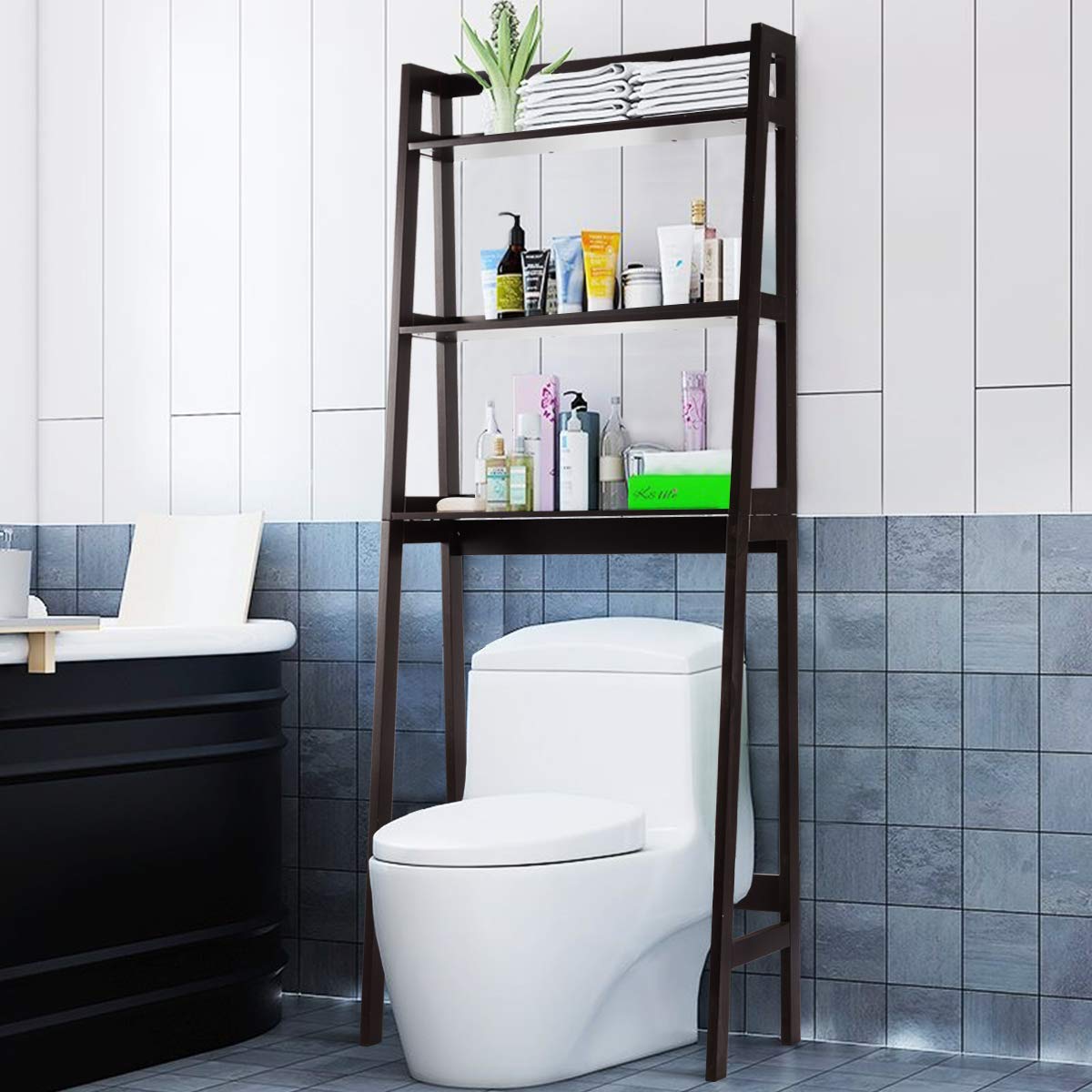 Tangkula Bathroom Space Saver, Over The Toilet Storage Rack, Free Standing 3-Shelf Bathroom Organizer