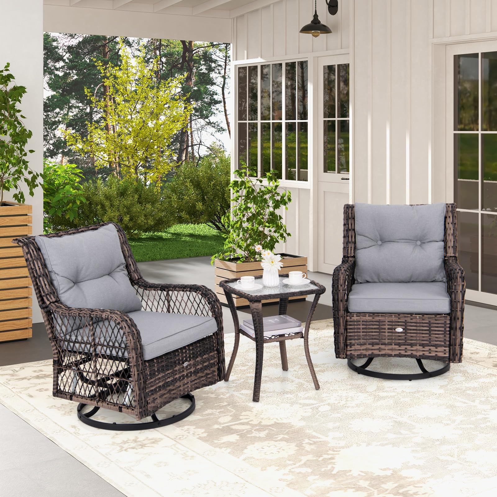 Tangkula 3 Pieces Outdoor Swivel Rocker Set, Rattan Wicker Patio Rocking Cushioned Chairs Set of 2 with Small Side Table