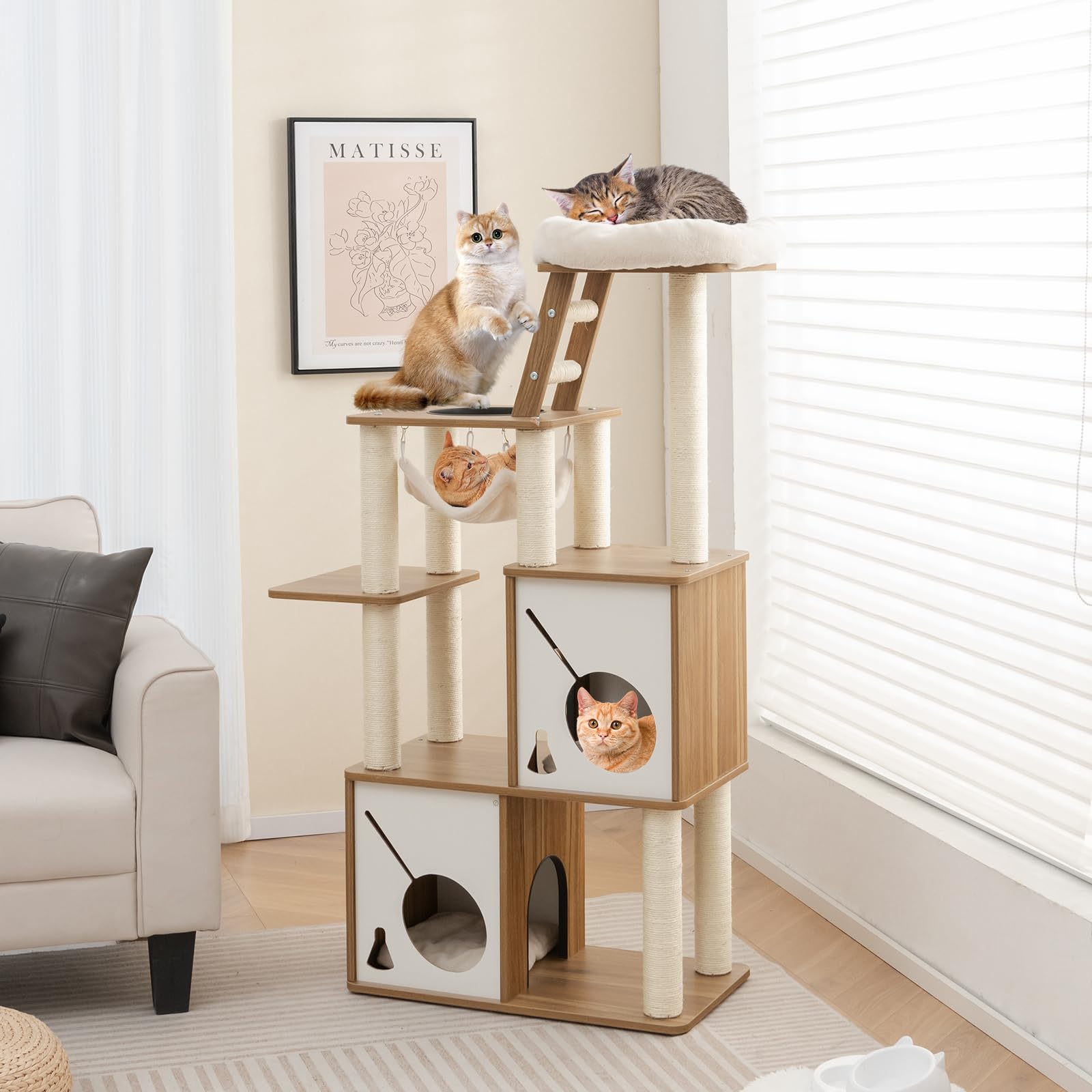 Tangkula Modern Cat Tree, 57 Inch Wood Cat Tower with Sisal Scratching Posts, Padded Top Perch