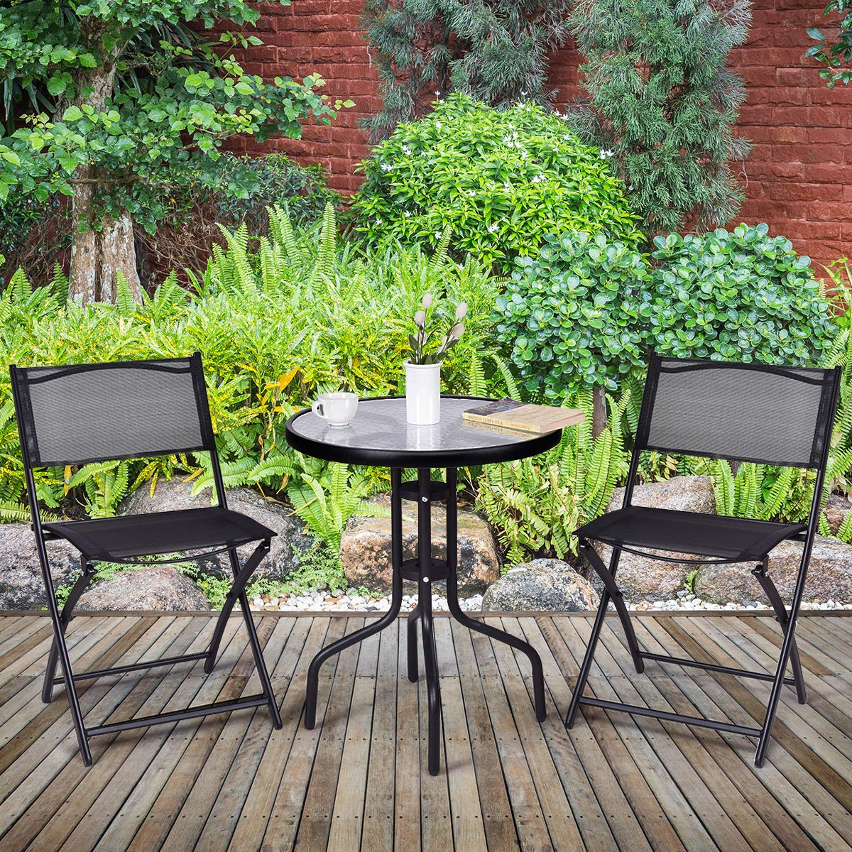 Tangkula 3 Pieces Folding Patio Bistro Set, Outdoor Folding Chairs & Table Set