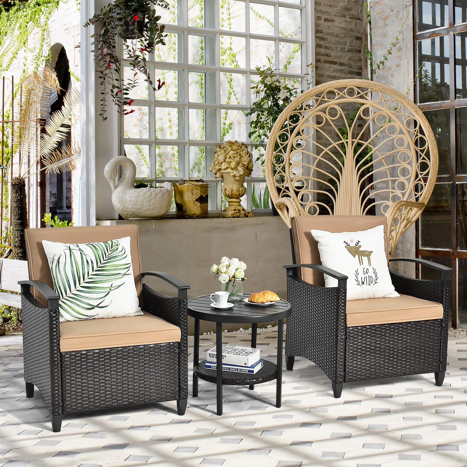 3 Piece Rattan Sofa Set, Patio Conversation Bistro Set w/Coffee Table