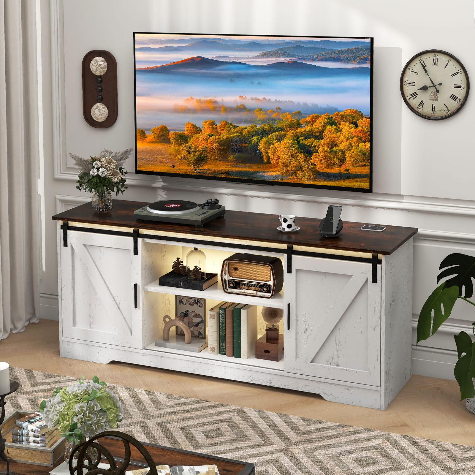 Tangkula LED TV Stand for 65” TVs, Sliding Barn Door Entertainment Center with Lights, Adjustable Brightness