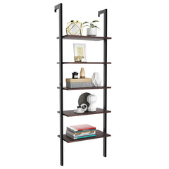 Tangkula Industrial Ladder Shelf Against The Wall, 5-Tier Wall Mount Ladder Bookshelf with Metal Frame