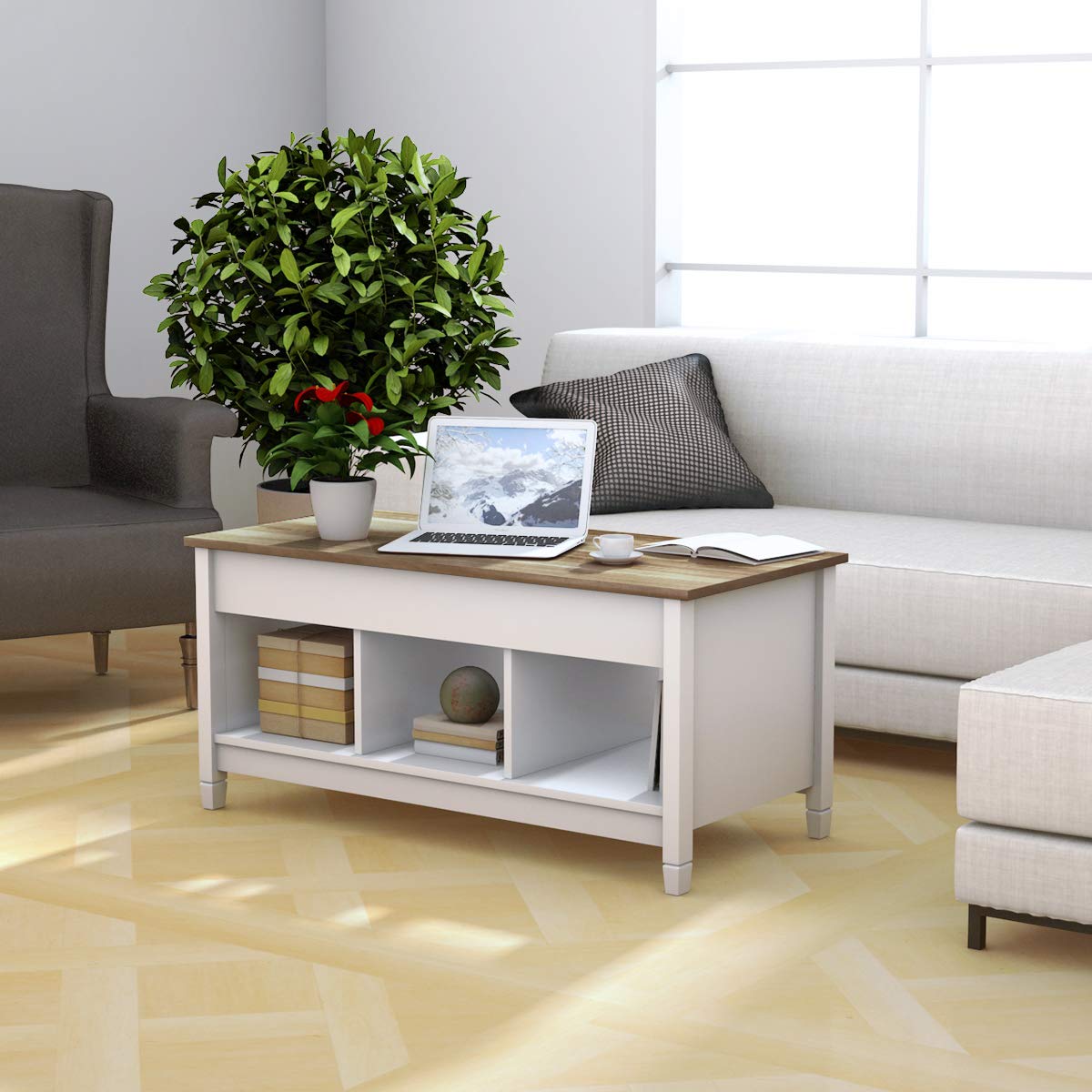 TANGKULA Modern Coffee Table w/Hidden Compartment and Open Storage Shelf for Living Room Office Reception Room