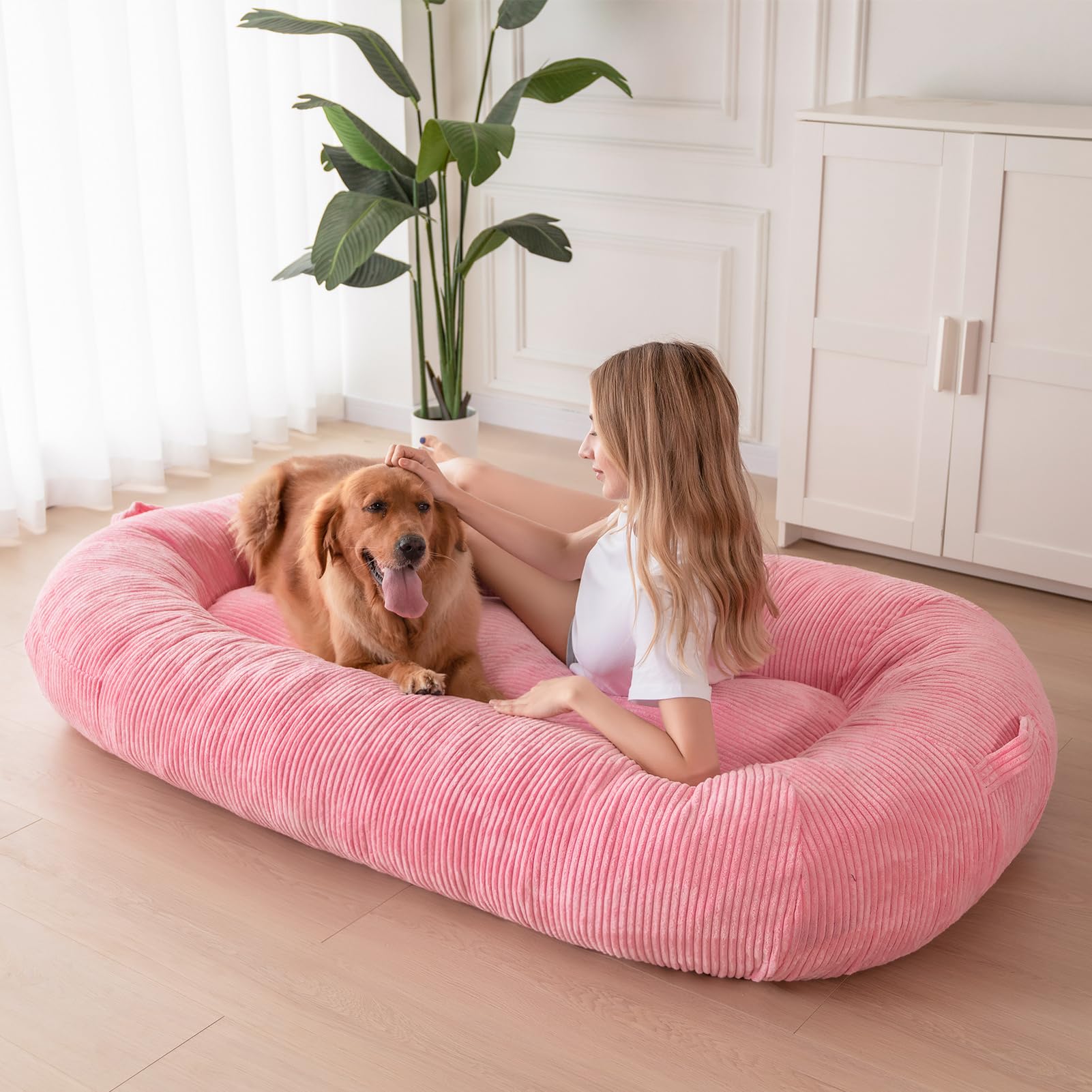 MAXYOYO Human Dog Bed, Corduroy Giant Bean Bag Dog Bed for Humans and Pets, Pink