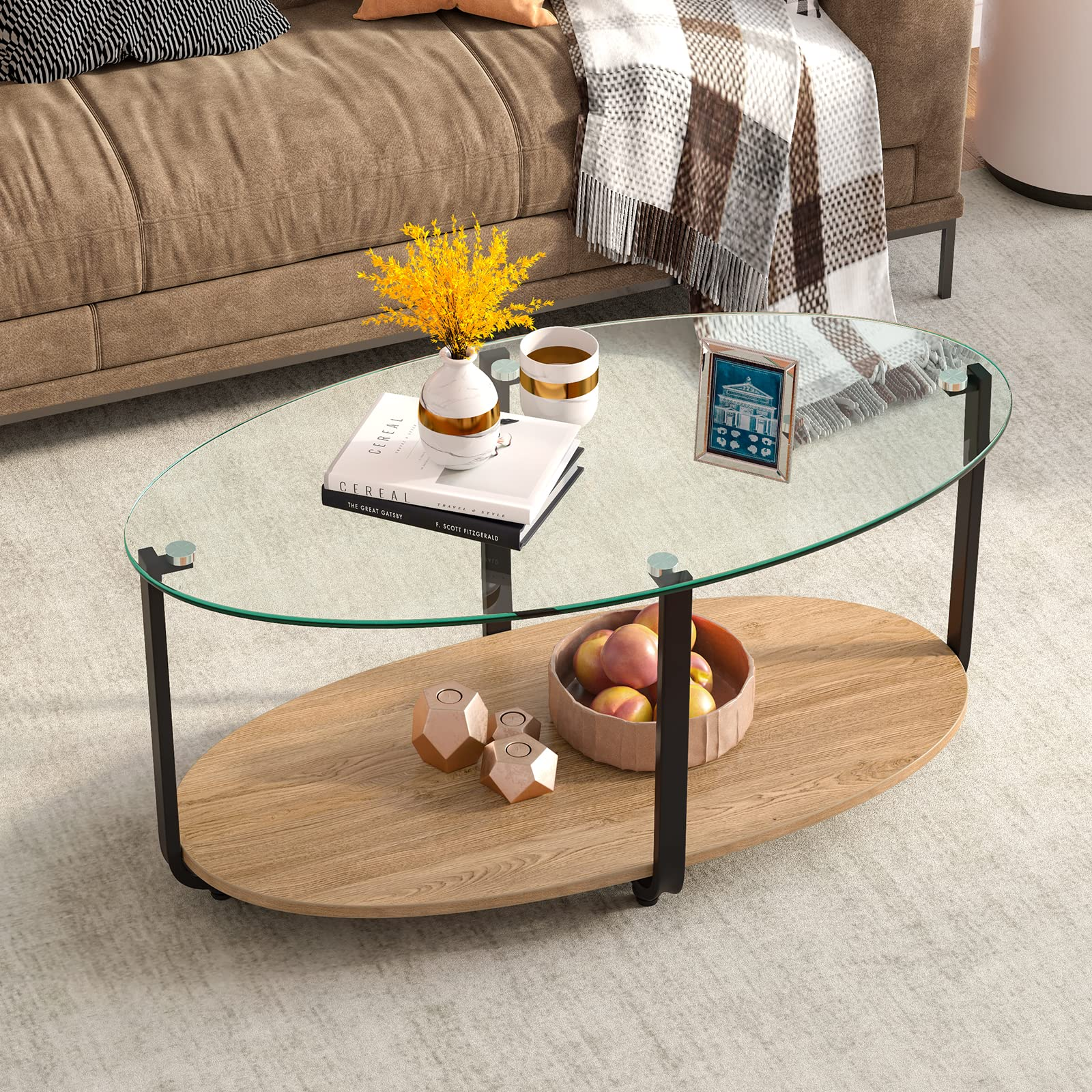 Tangkula Glass Coffee Table, 2 Tier Oval Tea Table with Tempered Glass Tabletop and Wooden Shelf