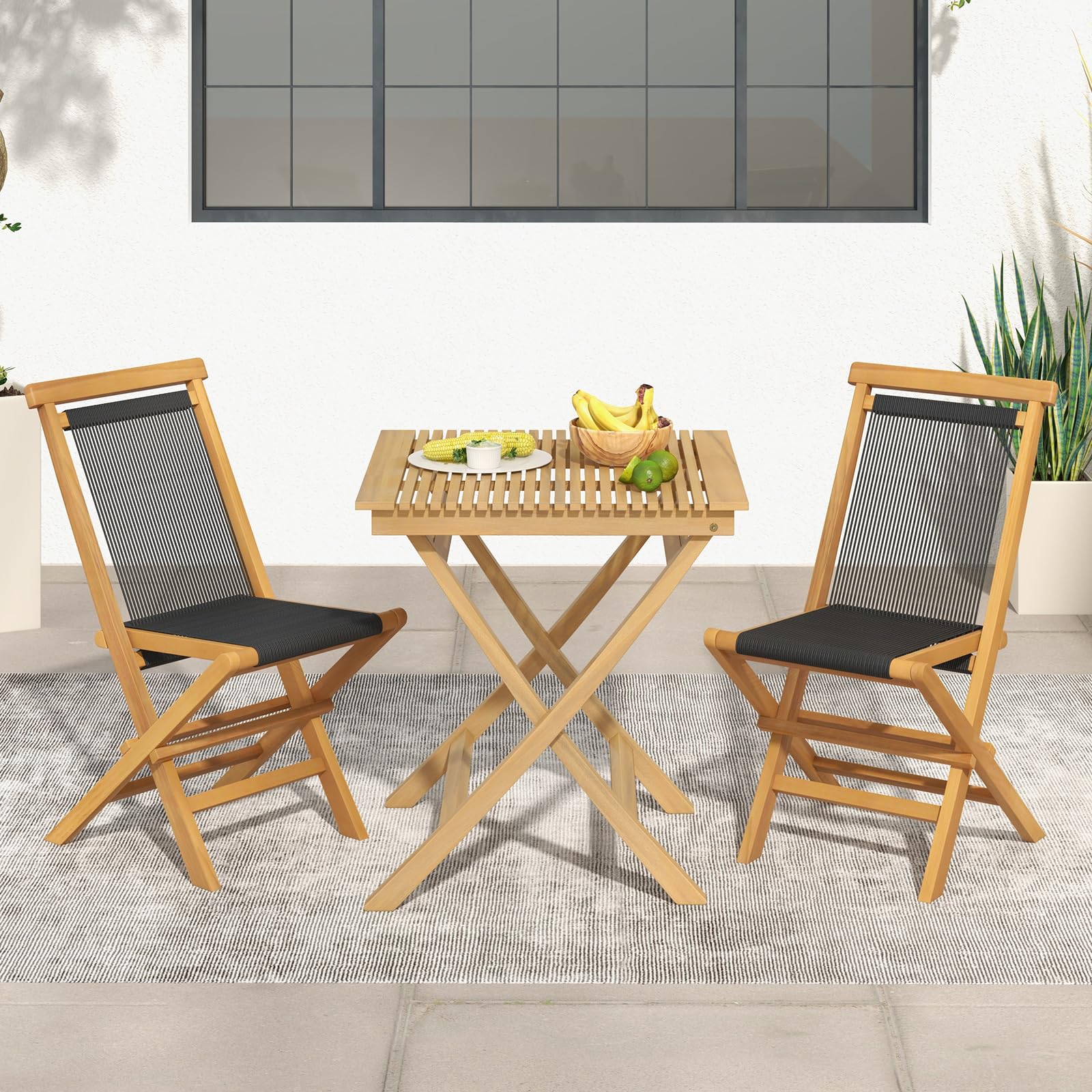 Tangkula 2 Piece Patio Folding Chairs, Solid Teak Wood Dining Chairs with Woven Rope Seat & Back