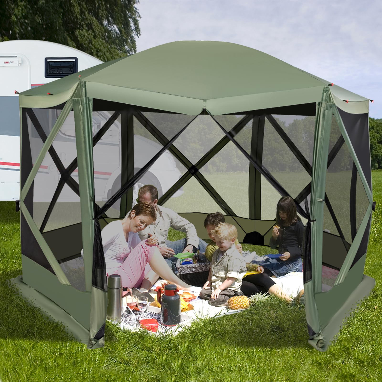 Tangkula 11.5x11.5 Ft Pop Up Gazebo with Netting, Portable Screen Tent with 6 Sided Mesh Walls