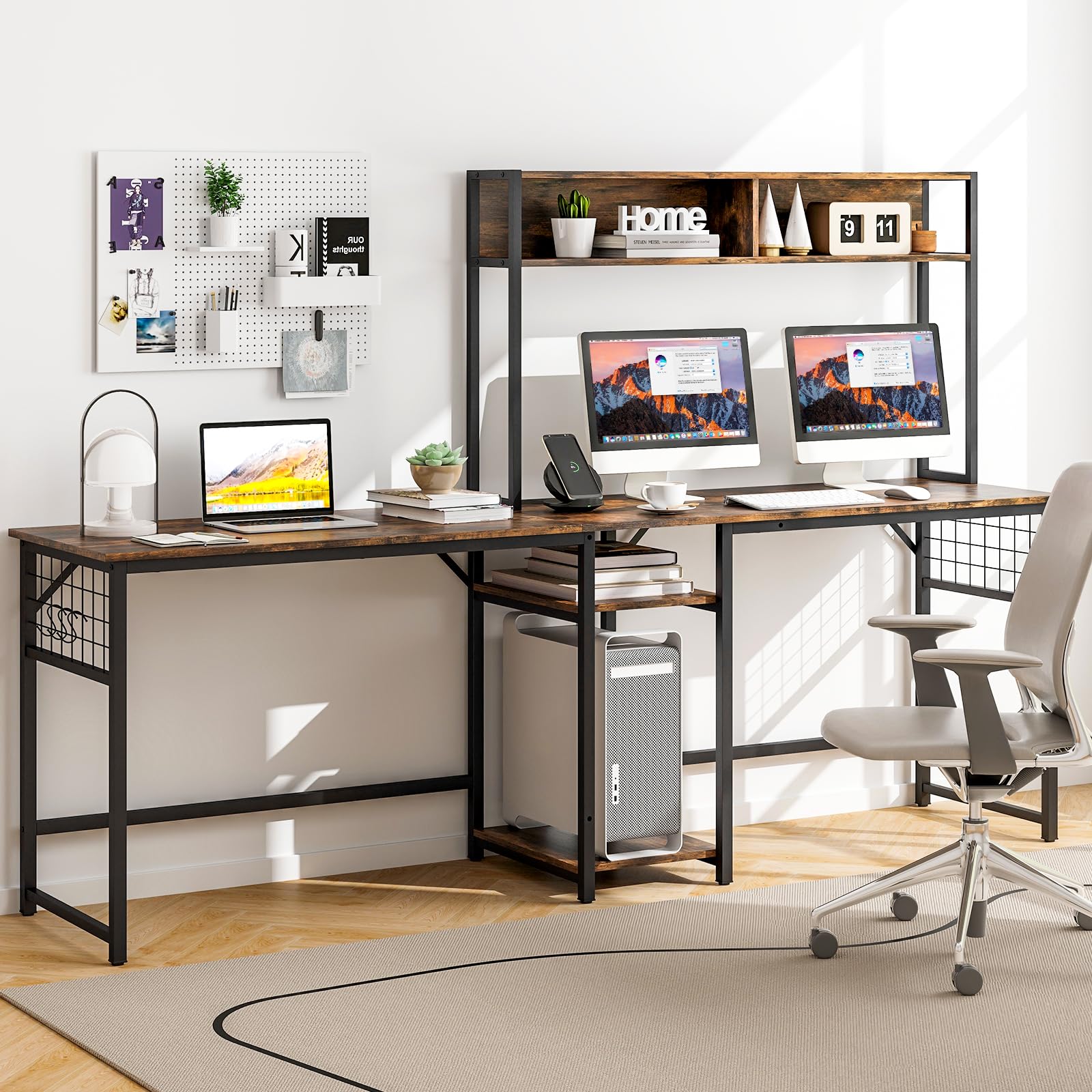 Tangkula L-Shaped Desk with Power Outlet, Large Corner Desk Converts to 2-Person Long Desk with Hutch