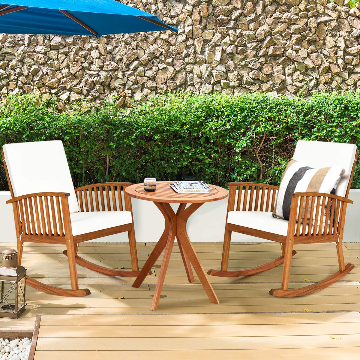 Tangkula 3 Piece Wood Patio Rocking Chair Set, Outdoor Acacia Wood Rocker Set with Round Table