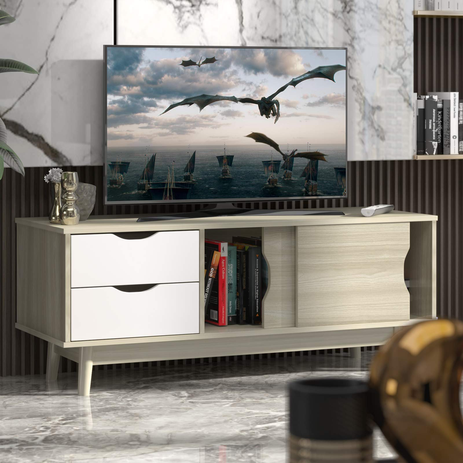 Tangkula Modern TV Stand for Flat TVs Up to 60 Inches, Wood TV Console Table w/ 2 Drawers & 2 Sliding Doors