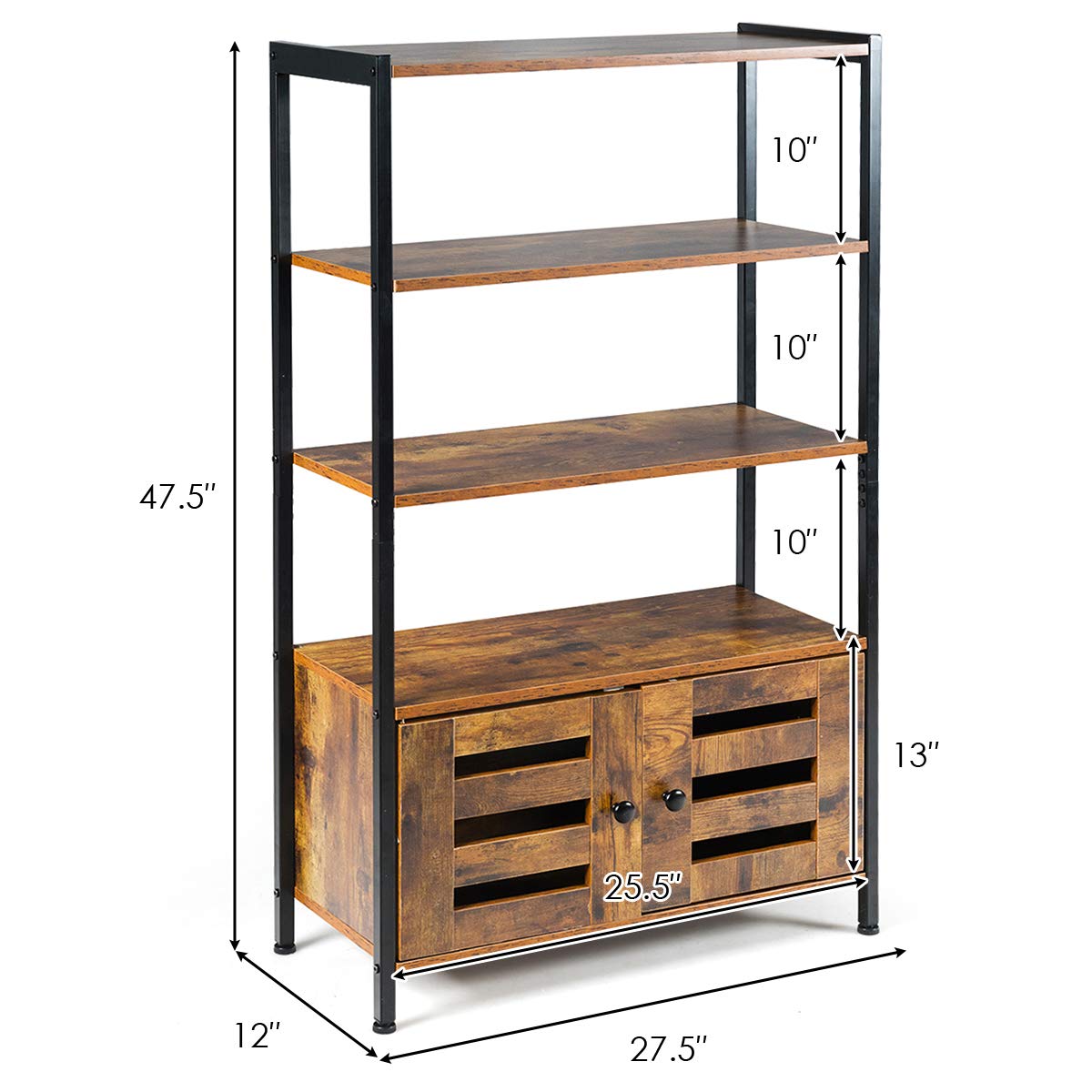 Tangkula Industrial Bookshelf and Bookcase, with 3 Shelves and 2 Louvered Doors,Rustic Brown