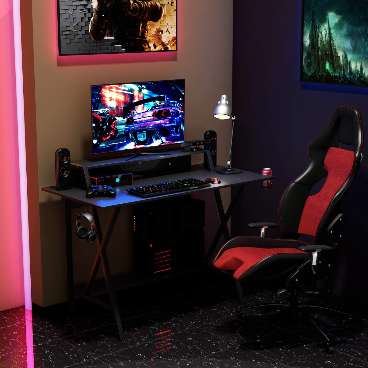 Tangkula Gaming Computer Desk with Monitor Shelf, Gaming Table Workstation with Cup Holder