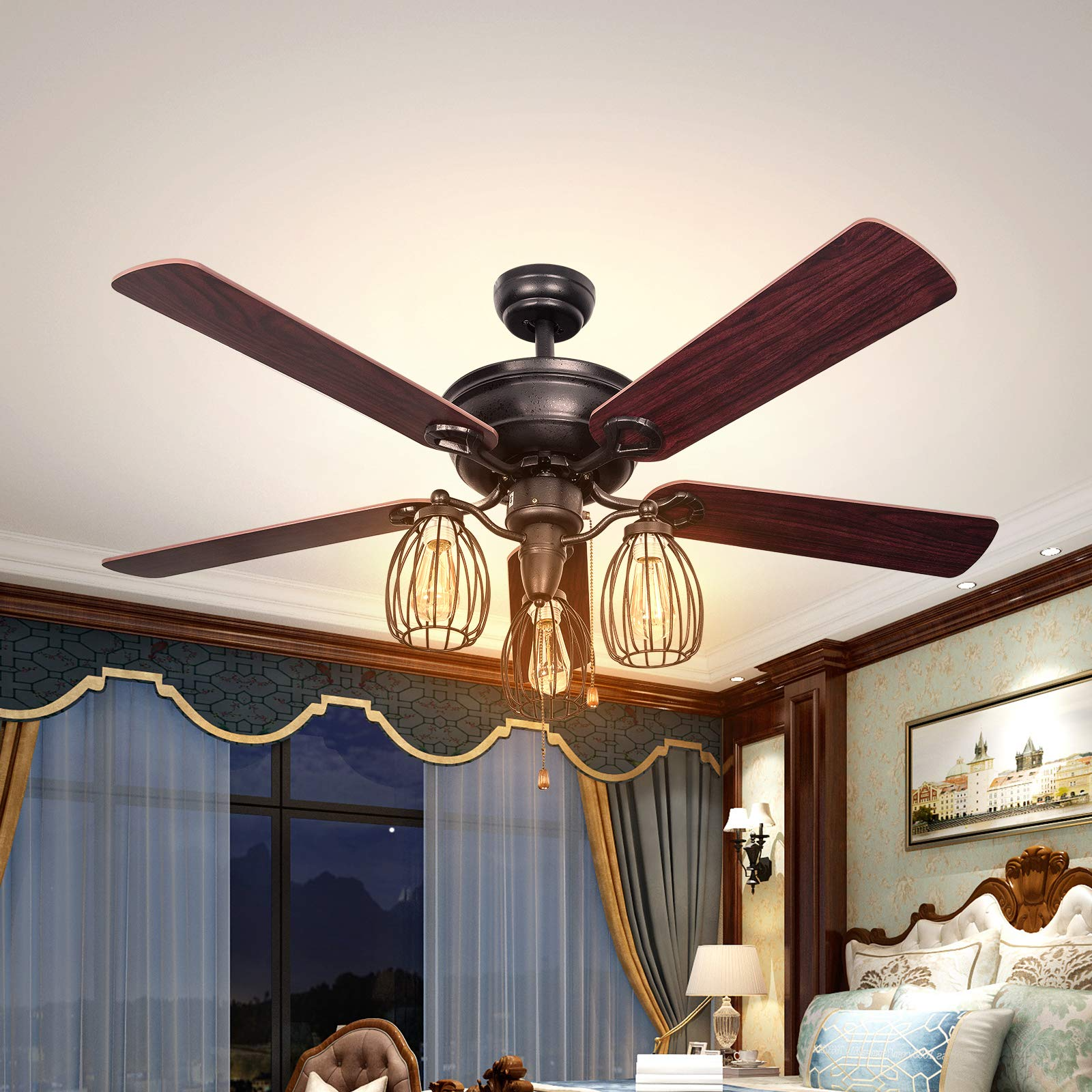 Tangkula 52-Inch Ceiling Fan with Lights, Industrial Ceiling Fan w/ 5 Iron Blades & 3 Cage Lights