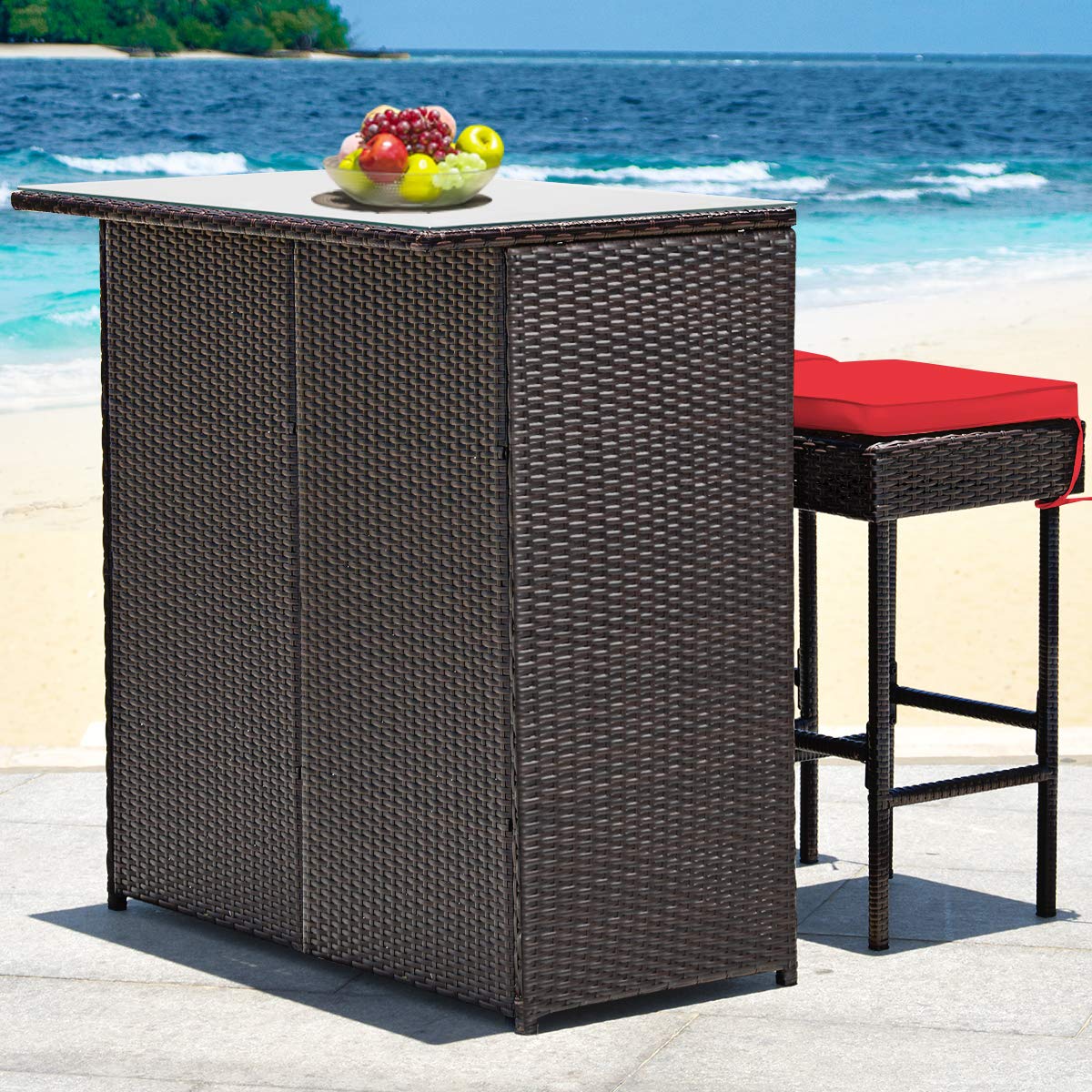 Patio Bar Set, 3 Piece Outdoor Rattan Wicker Bar Set with 2 Cushions Stools & Glass Top Table