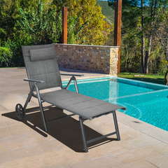 Tangkula Patio Chaise Lounge W/Wheels, Outdoor Folding Padded Lounge Chair W/ 7-Position Backrest, Removable Headrest