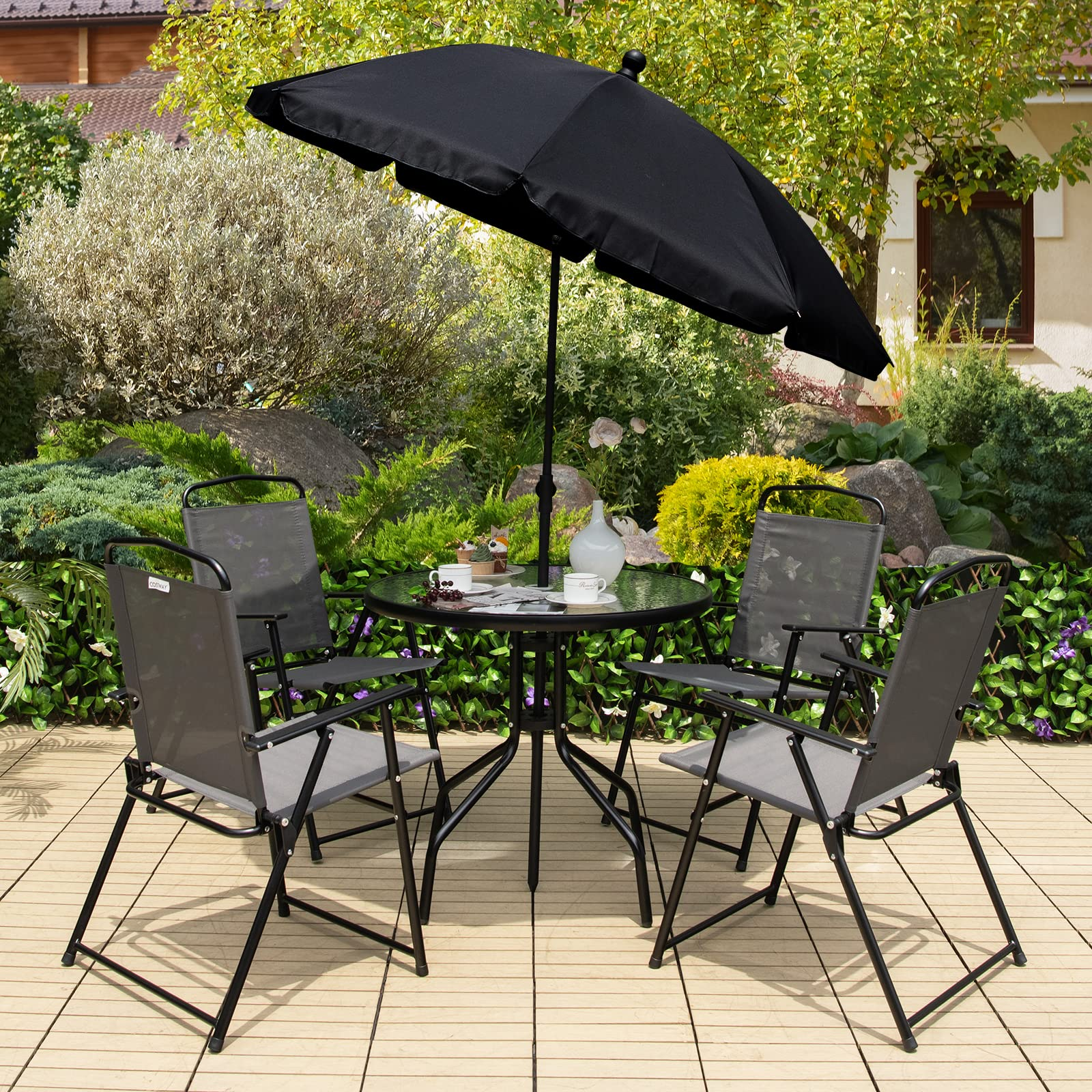 Tangkula 6 Piece Folding Patio Dining Set, Outdoor Table Chair Set for 4, 31.5" Round Table & 4 Folding Chairs, Patio Tiltable Umbrella Included