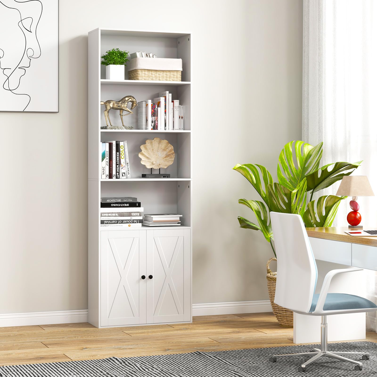 Tangkula Tall Bookcase with Doors, Farmhouse 71" H Freestanding Bookshelf with 6 Shelves & 2-Door Cabinet