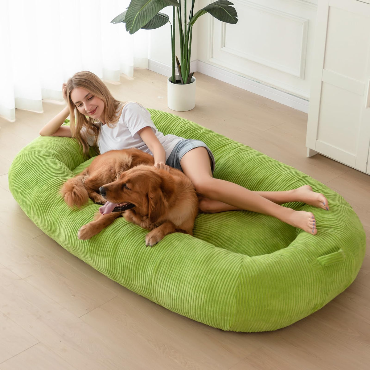 MAXYOYO Human Dog Bed, Corduroy Giant Bean Bag Dog Bed for Humans and Pets, Green