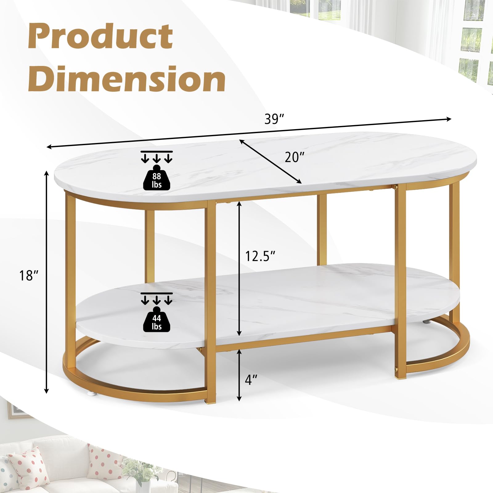 Tangkula Modern Coffee Table, 39” Oval Center Table w/White Faux Marble Top & Gold Finished Metal Frame (Modern, White, 39 Inch)