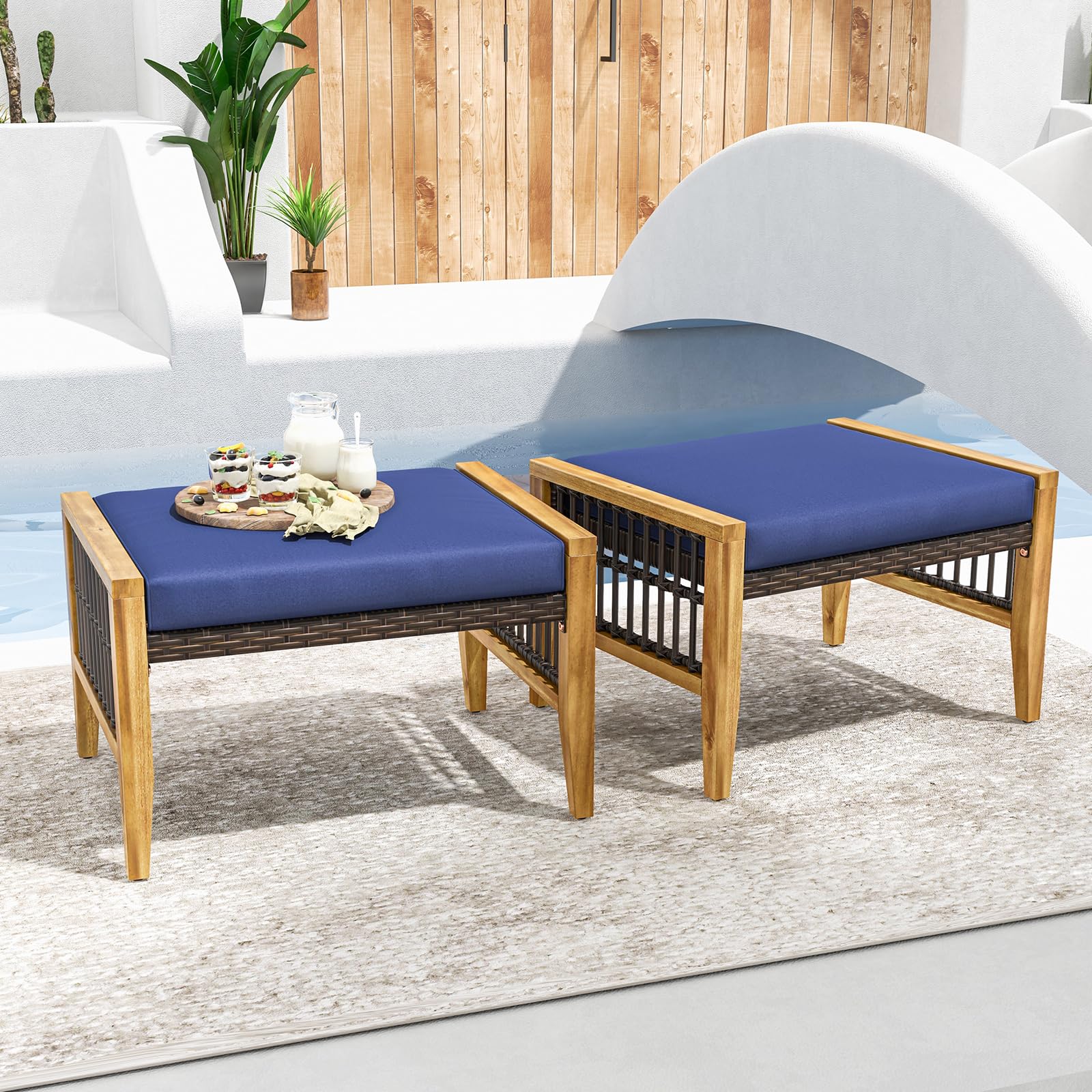 Tangkula Set of 2 Outdoor Ottomans, Patio Acacia Wood Ottomans with Cushions (Navy)