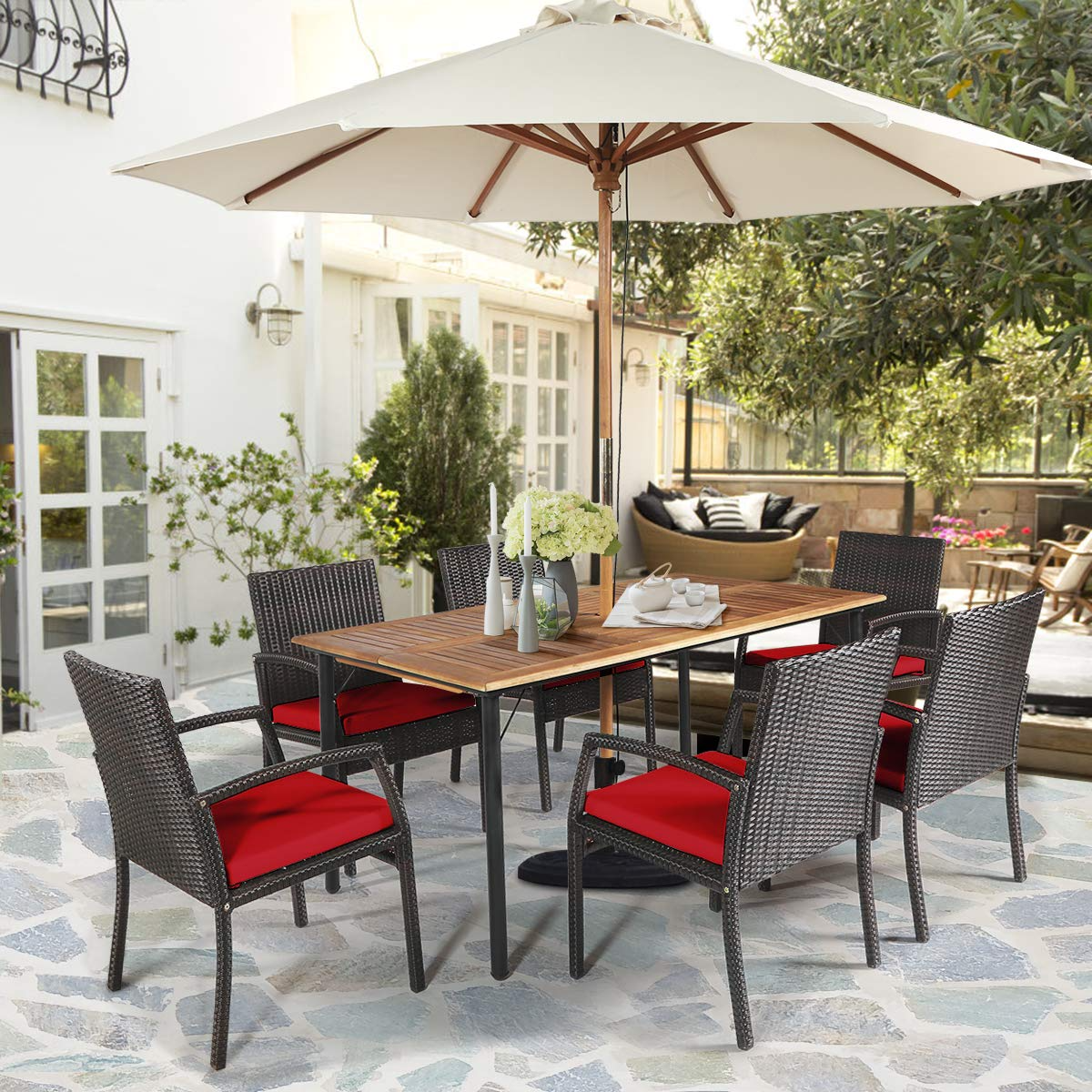 Tangkula 7 Pieces Patio Dining Set, Acacia Wood Wicker Dining Furniture Set with Sturdy Steel Frame & Umbrella Hole