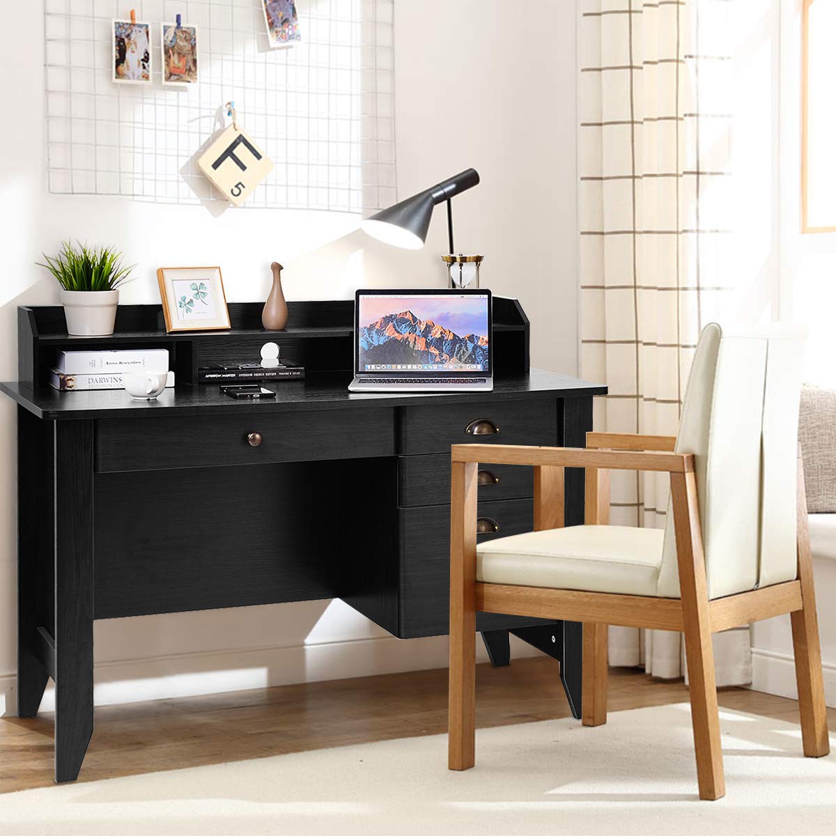 Tangkula White Computer Desk with 4 Storage Drawers & Hutch