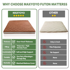 MAXYOYO Japanese Floor Futon Mattress, Diamond Patterned Roll Up Folding Floor Bed, Coffee