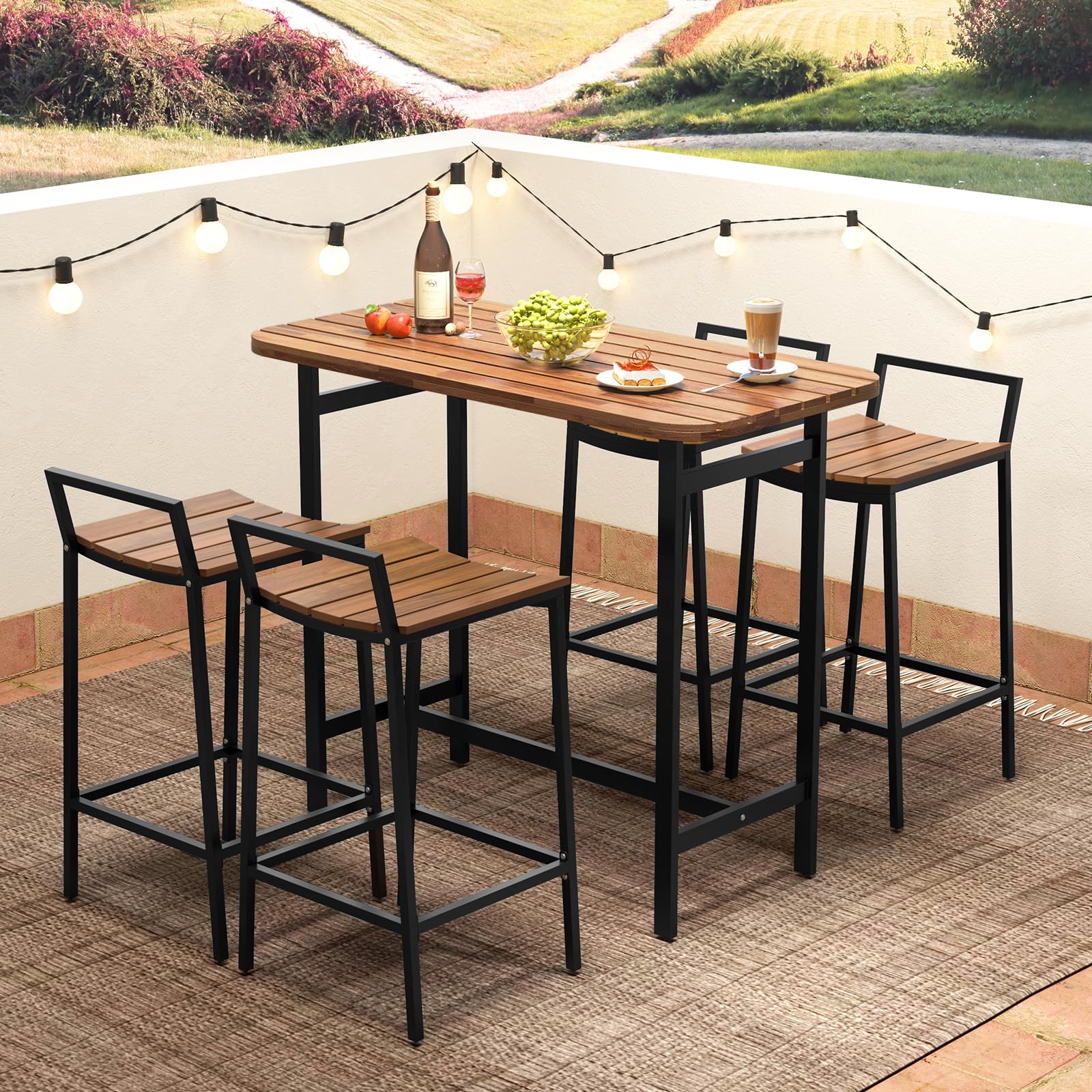 Tangkula 5 Piece Acacia Wood Bar Table Set, Outdoor Bar Height Table & Chairs with Metal Frame & Footrest