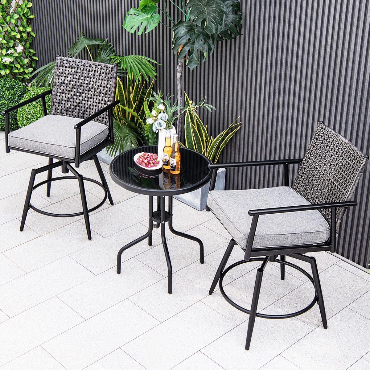 Tangkula Patio Swivel Bar Stools Set of 2, Outdoor Counter Height Bar Chairs with PE Rattan Back