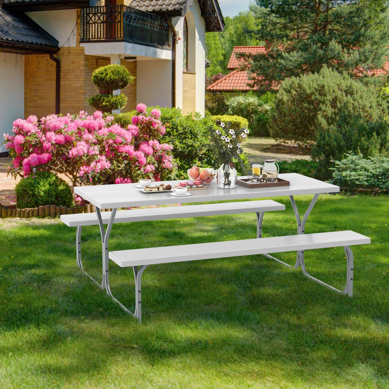 Tangkula 6 Ft Picnic Table, Outdoor Picnic Table with 2 Built-in Benches, Umbrella Hole, Metal Frame & HDPE Tabletop