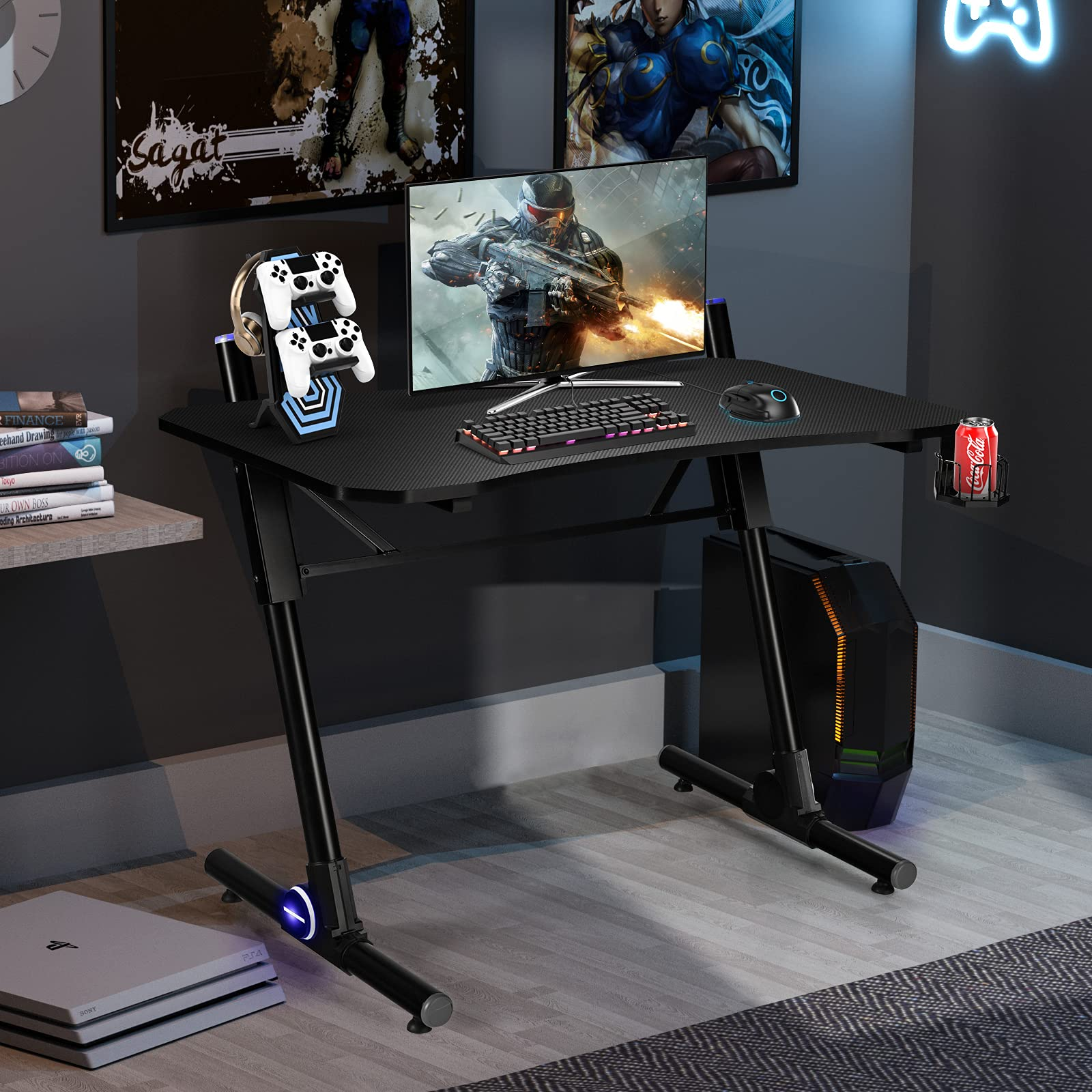 Tangkula Gaming Desk, Height Adjustable Computer Desk w/Blue LED Lights