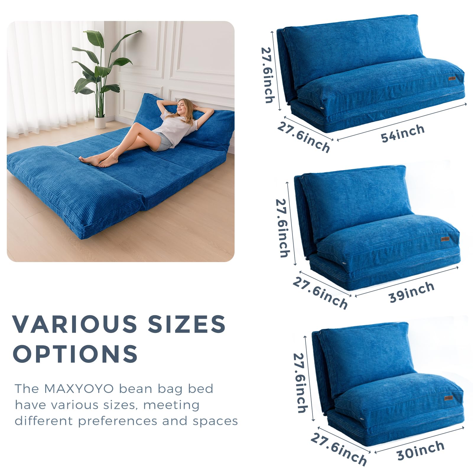 MAXYOYO Bean Bag Folding Sofa Bed with Corduroy Washable Cover, Extra Thick and Long Floor Sofa for Adults, Blue