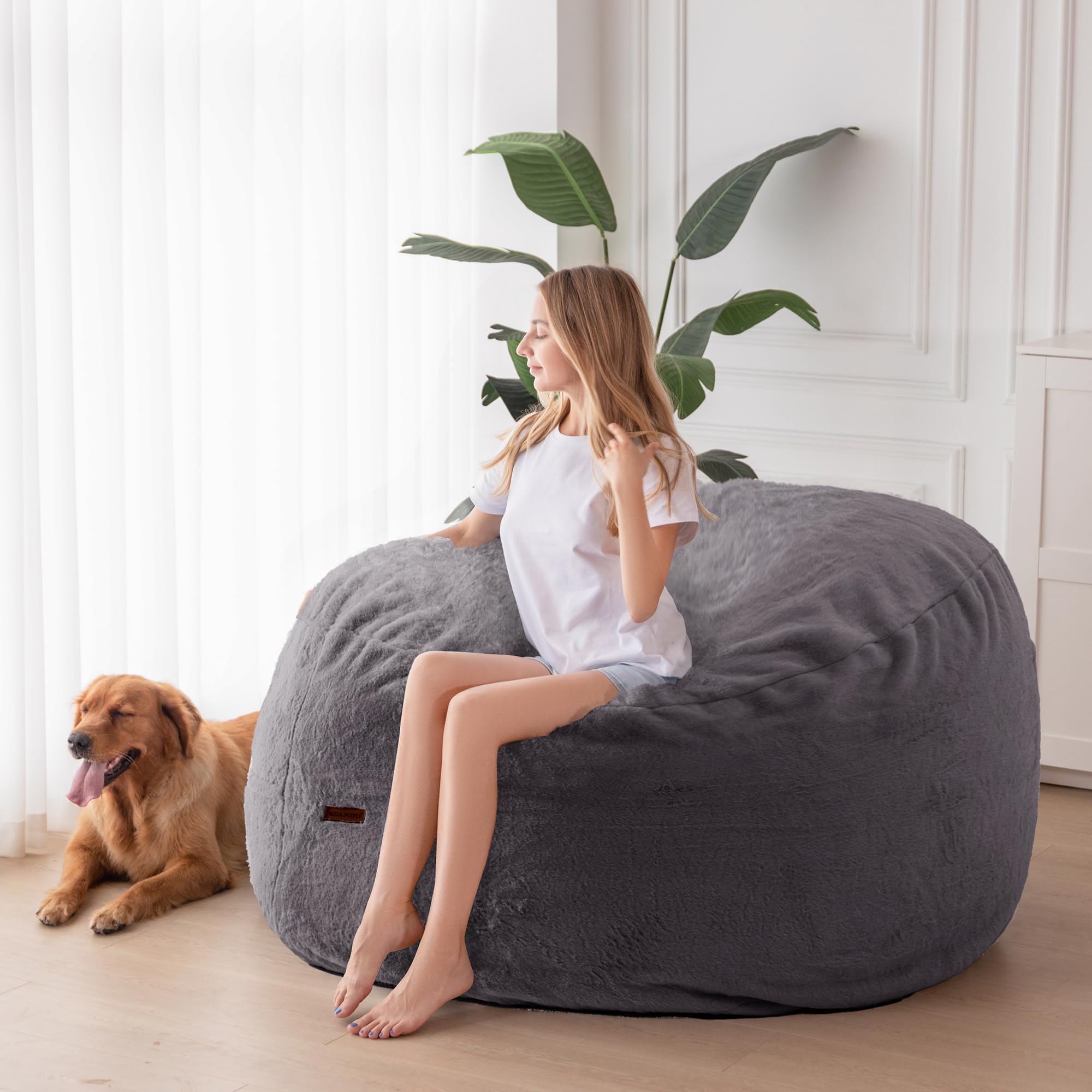 MAXYOYO Giant Bean Bag, Faux Fur Convertible Beanbag Folds from Lazy Chair to Floor Mattress Bed, Dark Grey