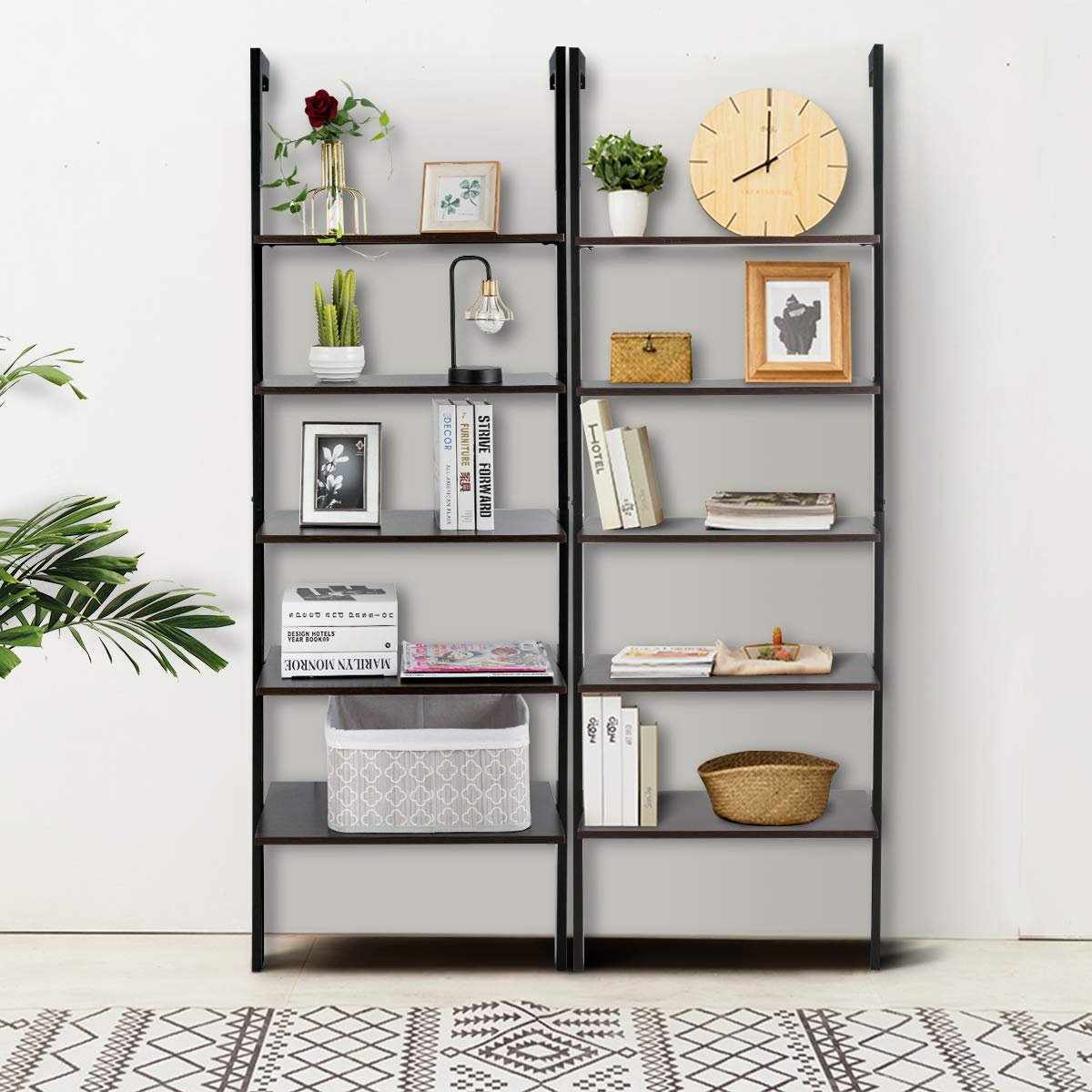 Tangkula Industrial Ladder Shelf Against The Wall, 5-Tier Wall Mount Ladder Bookshelf with Metal Frame