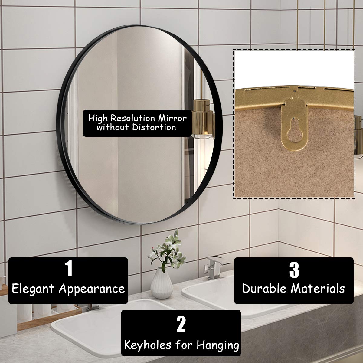 Round Wall Hanging Mirror, 27.5 Inch Bathroom Round Mirror