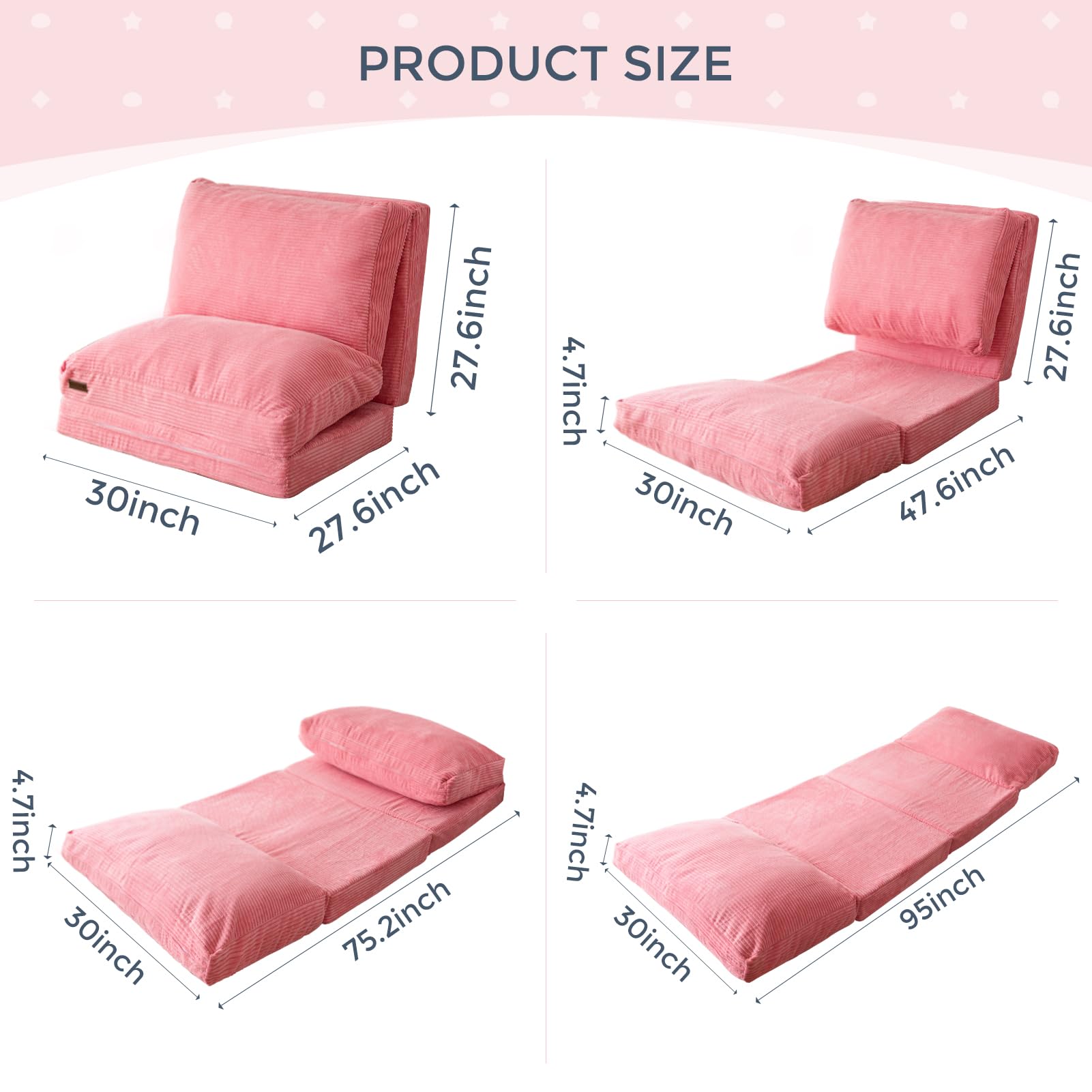 MAXYOYO Bean Bag Folding Sofa Bed with Corduroy Washable Cover, Extra Thick and Long Floor Sofa for Adults, Pink