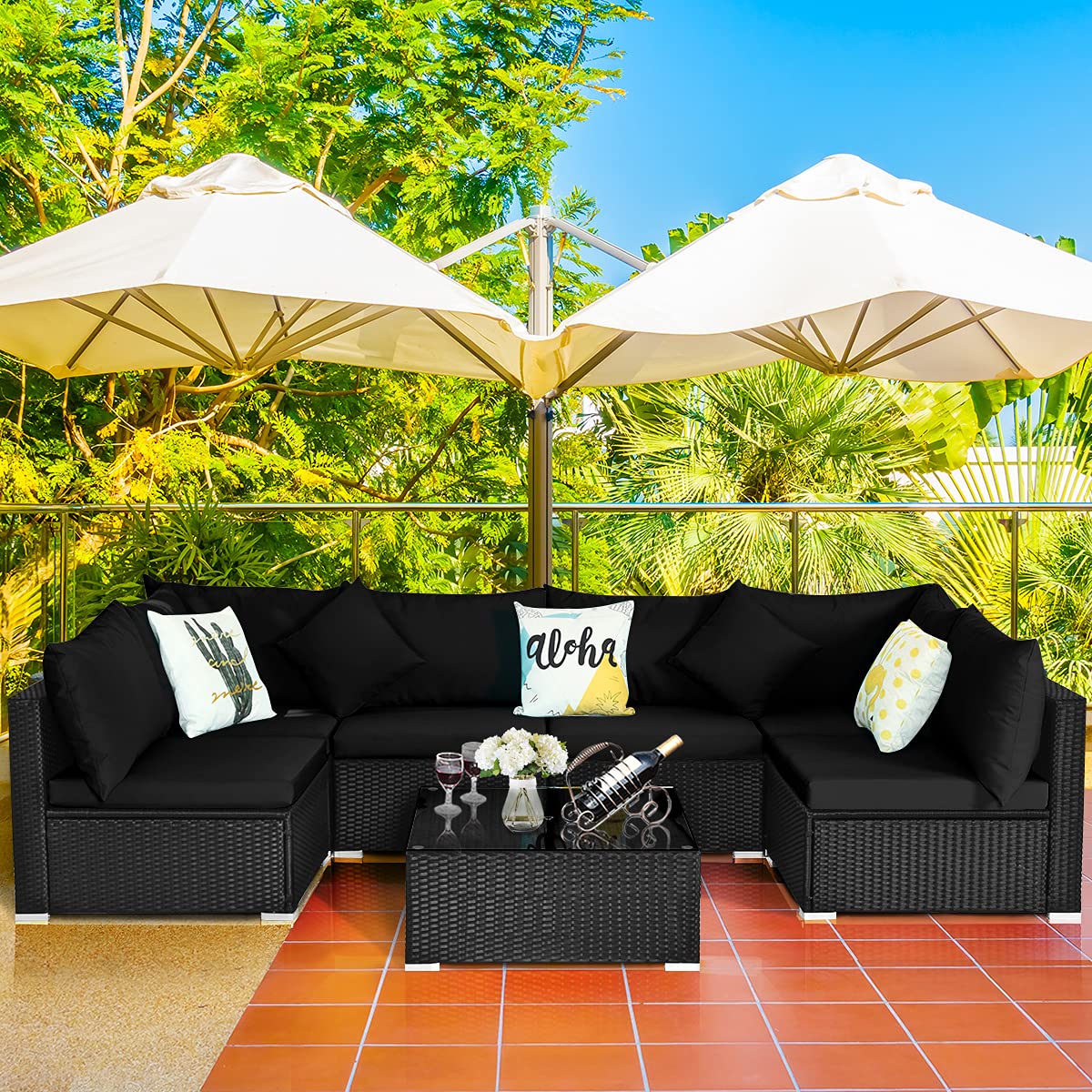 Tangkula 7 Piece Patio Furniture Set, Outdoor Sectional Sofa with 2 Pillows and Cushions