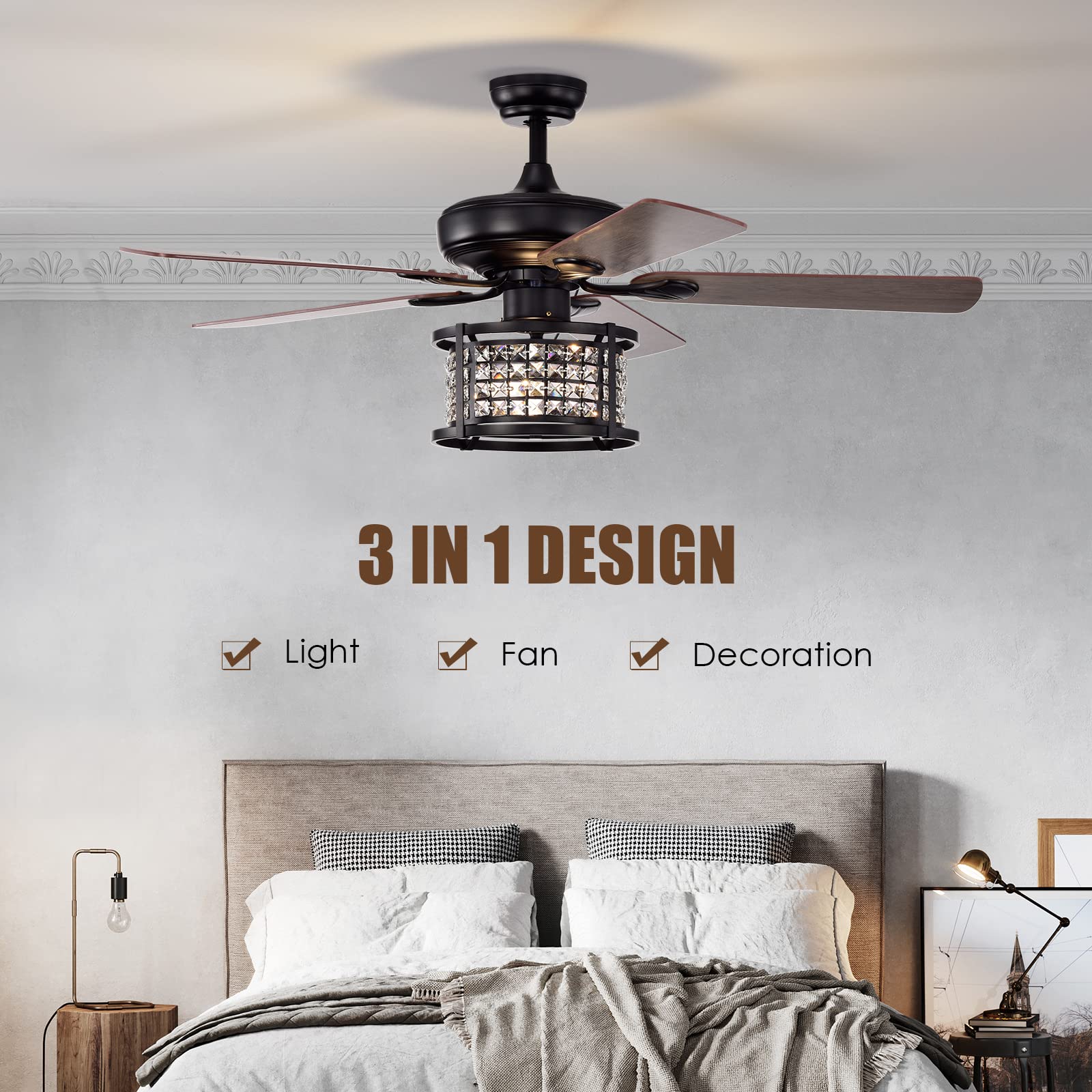 52-Inch Ceiling Fan Light, Reversible Fan Light with 3-Speed (Matte Black)