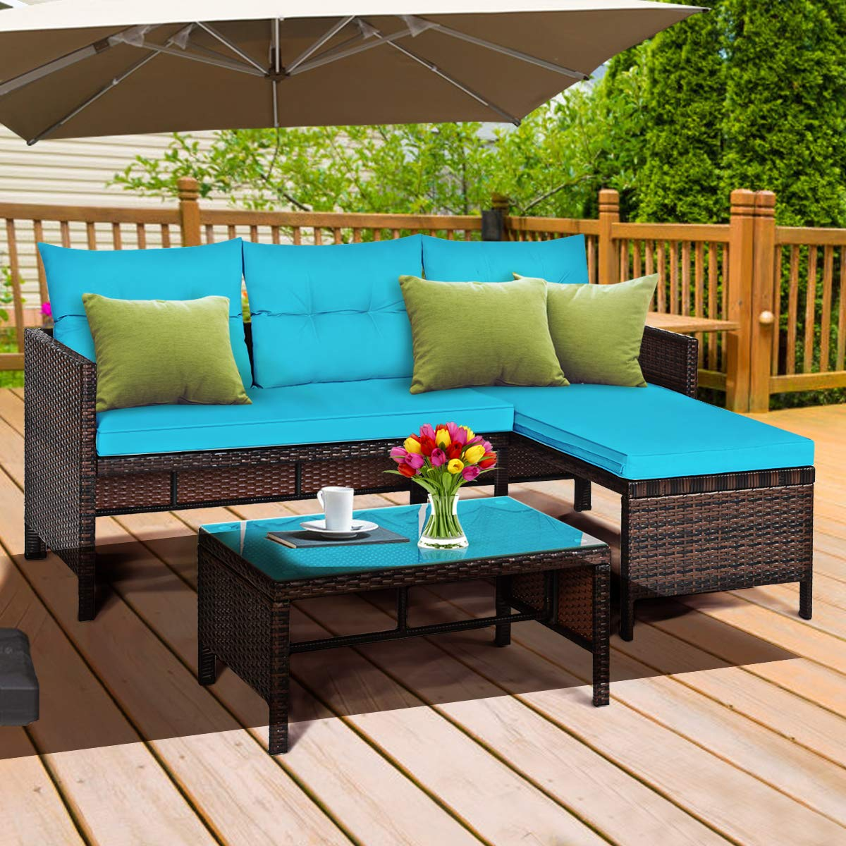 Tangkula Patio Corner Sofa Set 3 Piece, Outdoor Rattan Sofa Set