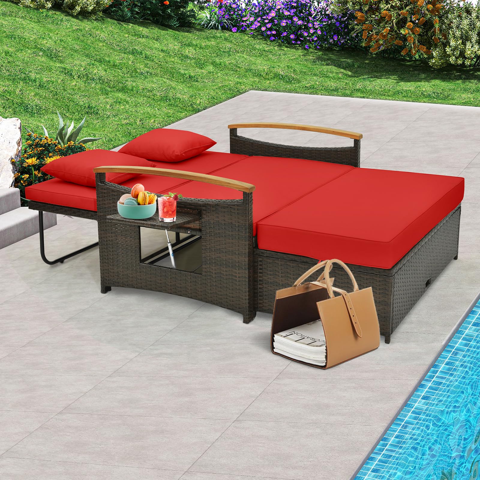 Tangkula Patio Rattan Daybed Set with Cushioned Loveseat and Storage Ottoman