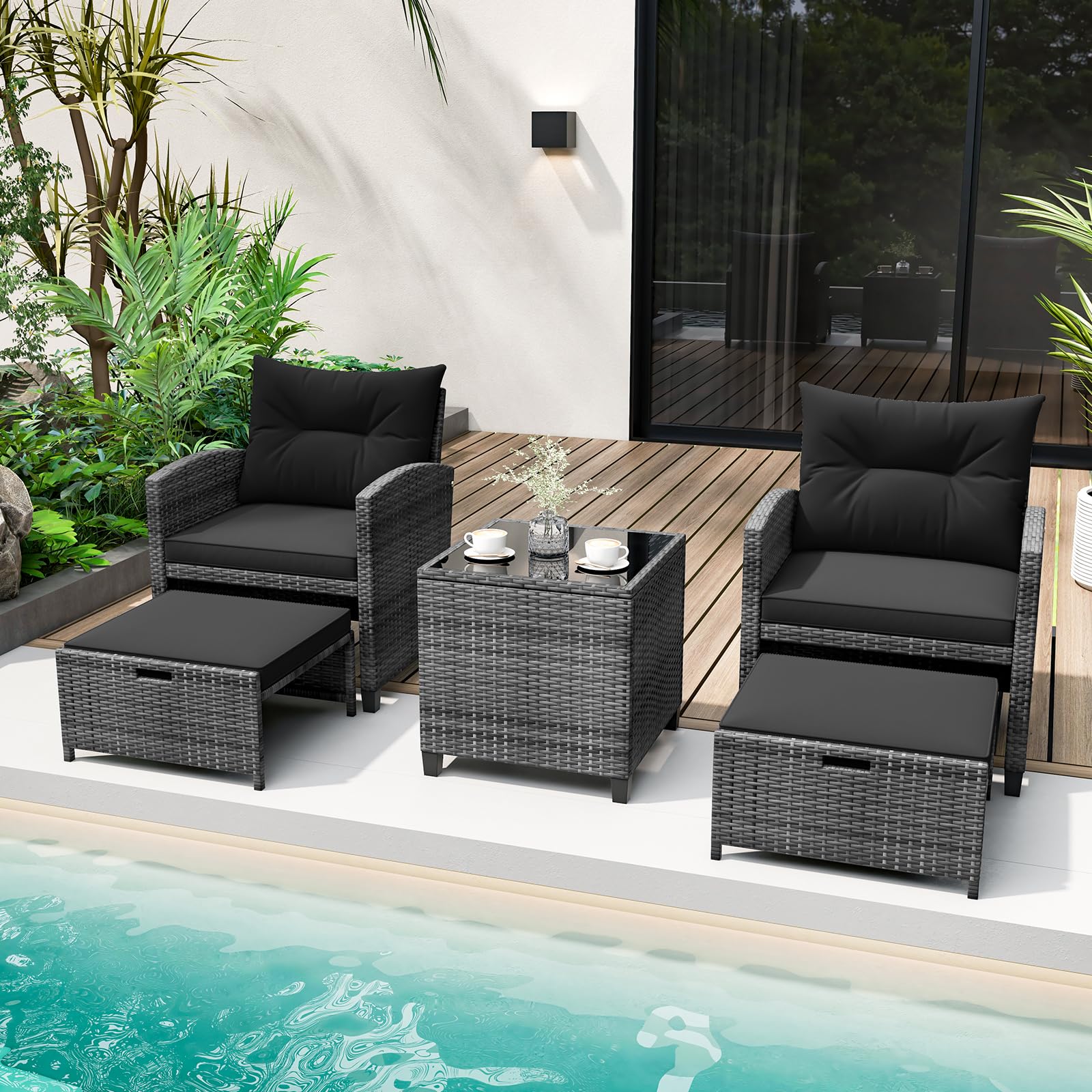 Tangkula 5 Piece Patio Rattan Furniture, Wicker Cushioned Chairs Set w/ 2 Ottomans & Tempered Glass Coffee Table