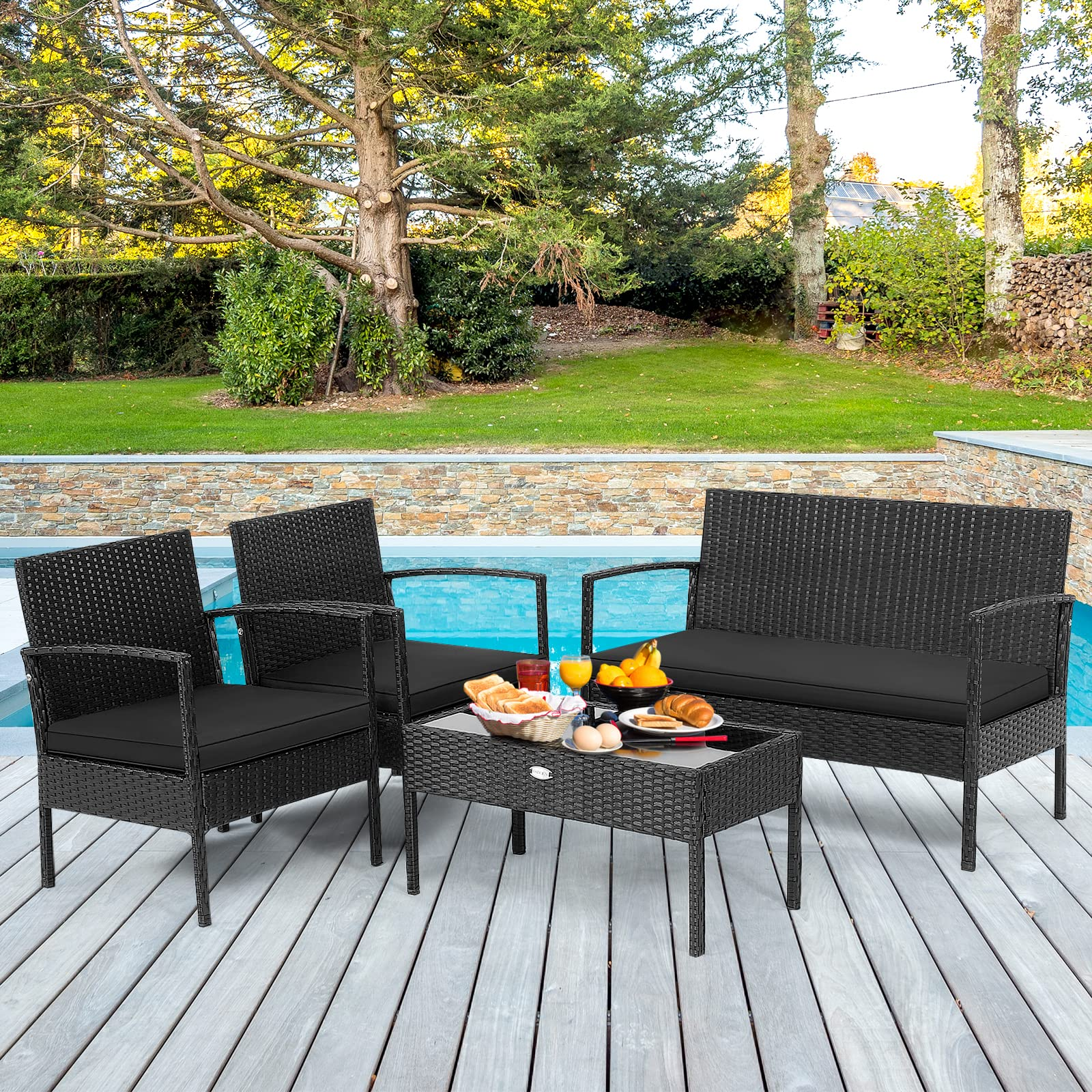 4 Piece Patio Rattan Conversation Set, Black