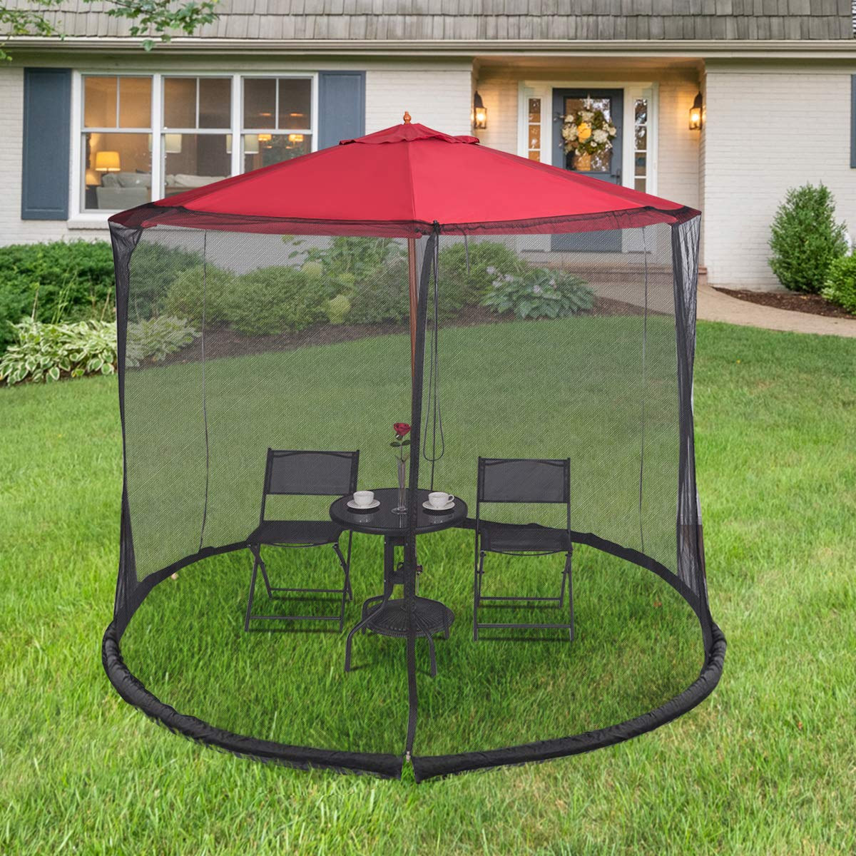 TANGKULA 9/10FT Patio Umbrella Screen, with Zipper Door and Polyester Mesh Netting