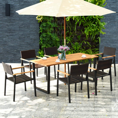 Tangkula 7PCS Outdoor Dining Set, Patio Dining Furniture Set w/Large Rectangle Acacia Wood Table Top